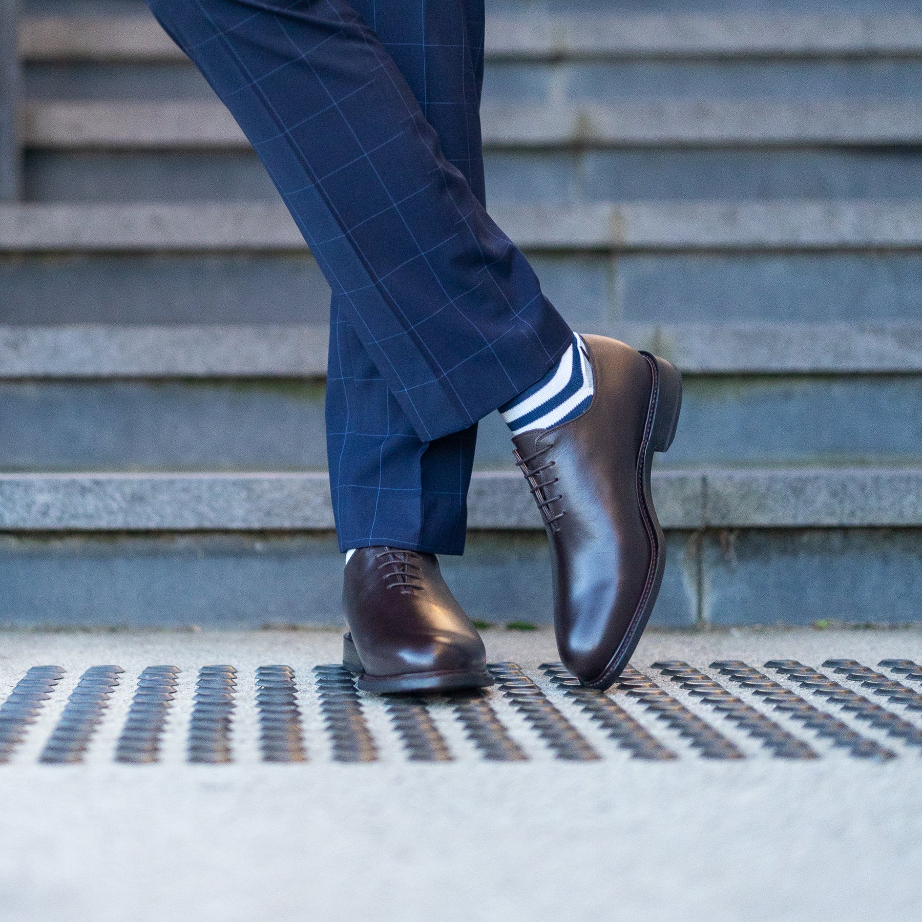 Mens brown oxford wholecut dress shoes made in Portugal using blake rapid stitched construction and paired with slim fit suit for weddings