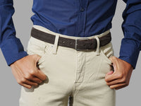 Mens dark brown suede dress belts made in Spain to be worn with suits or chinos . Fully leather lining and double stitching