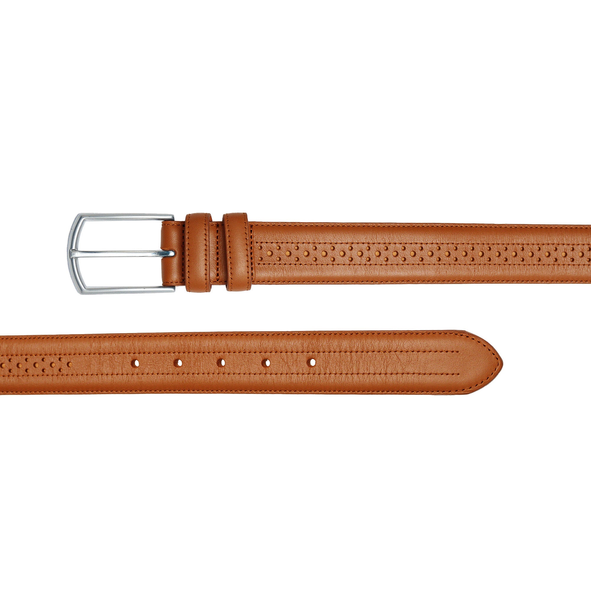 Tan belt with decorative holes. Style with loafers, suits, or tapered pants.