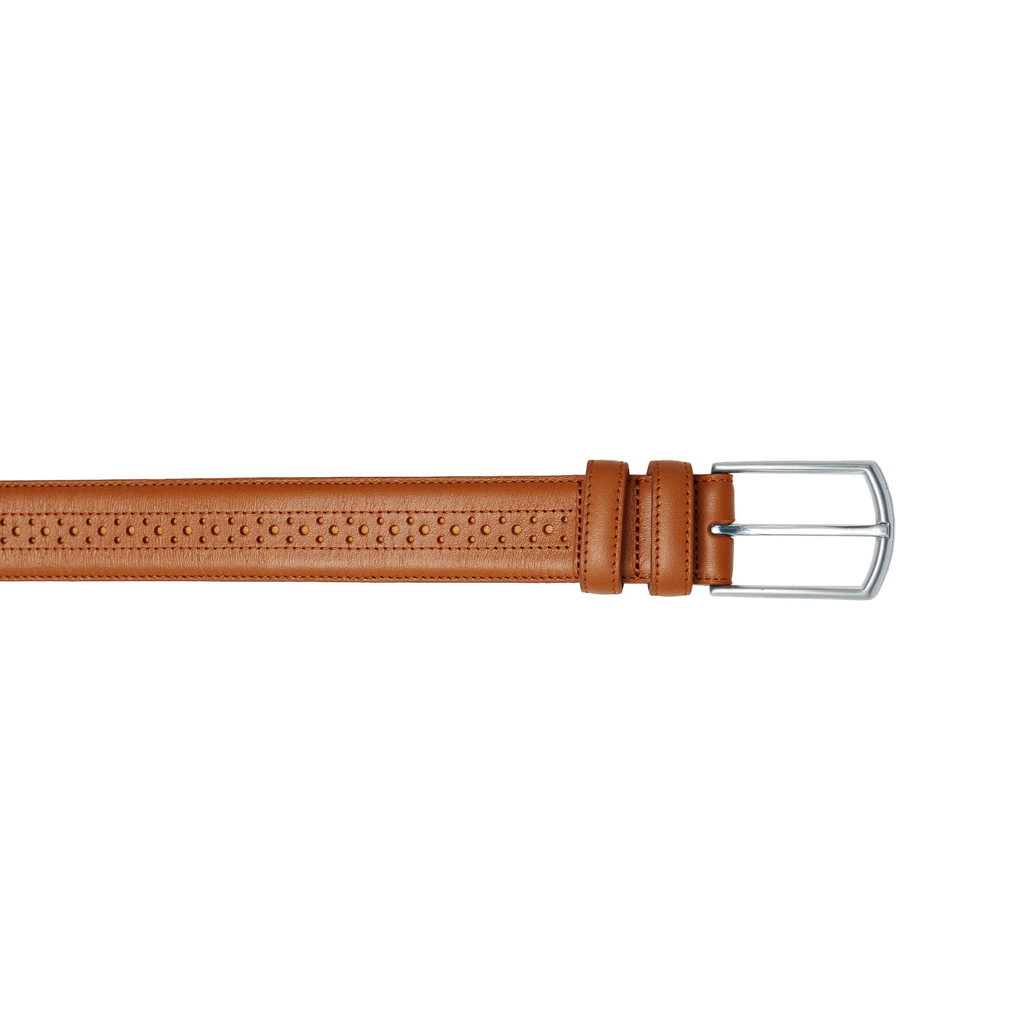 Tan belt with brogue punchwork. Style with formal shoes or casual trousers.