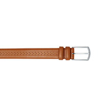 Tan belt with brogue punchwork. Style with formal shoes or casual trousers.