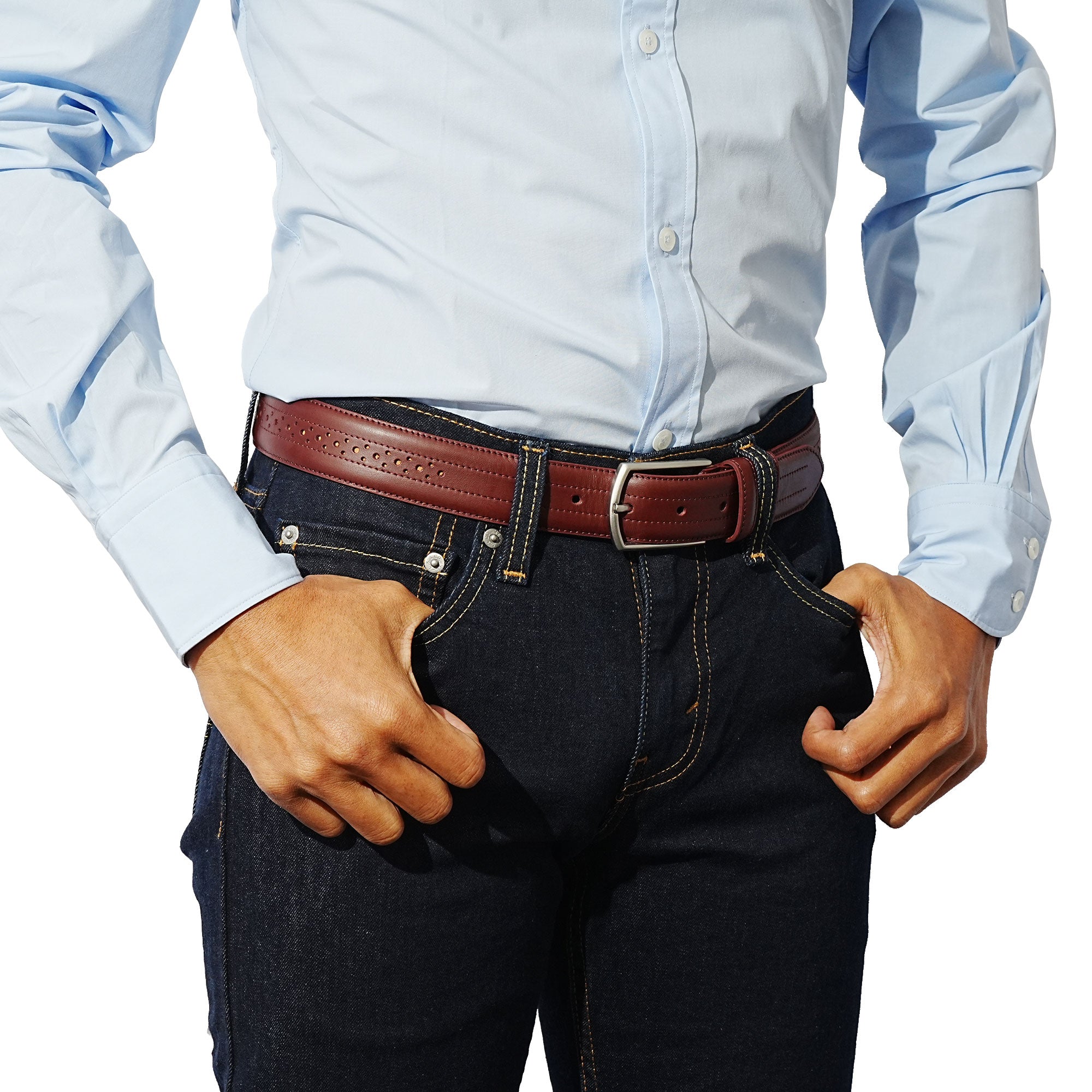 Men’s burgundy belt. Full grain leather for suits, jeans, or business casual wear.
