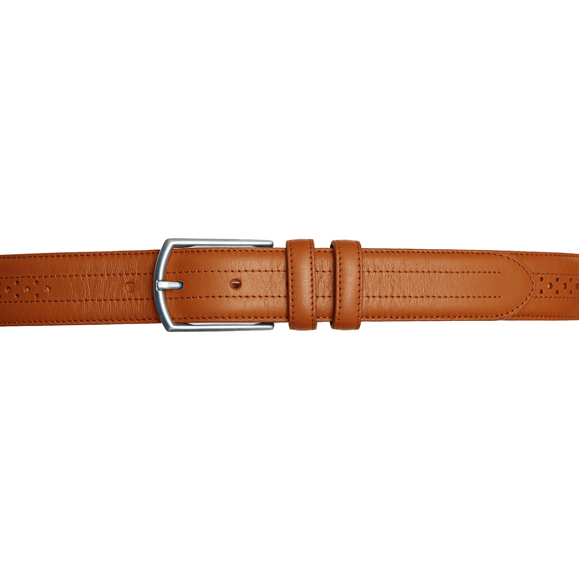 Tan leather belt with classic perforations. Pair with dress shirts and trousers.