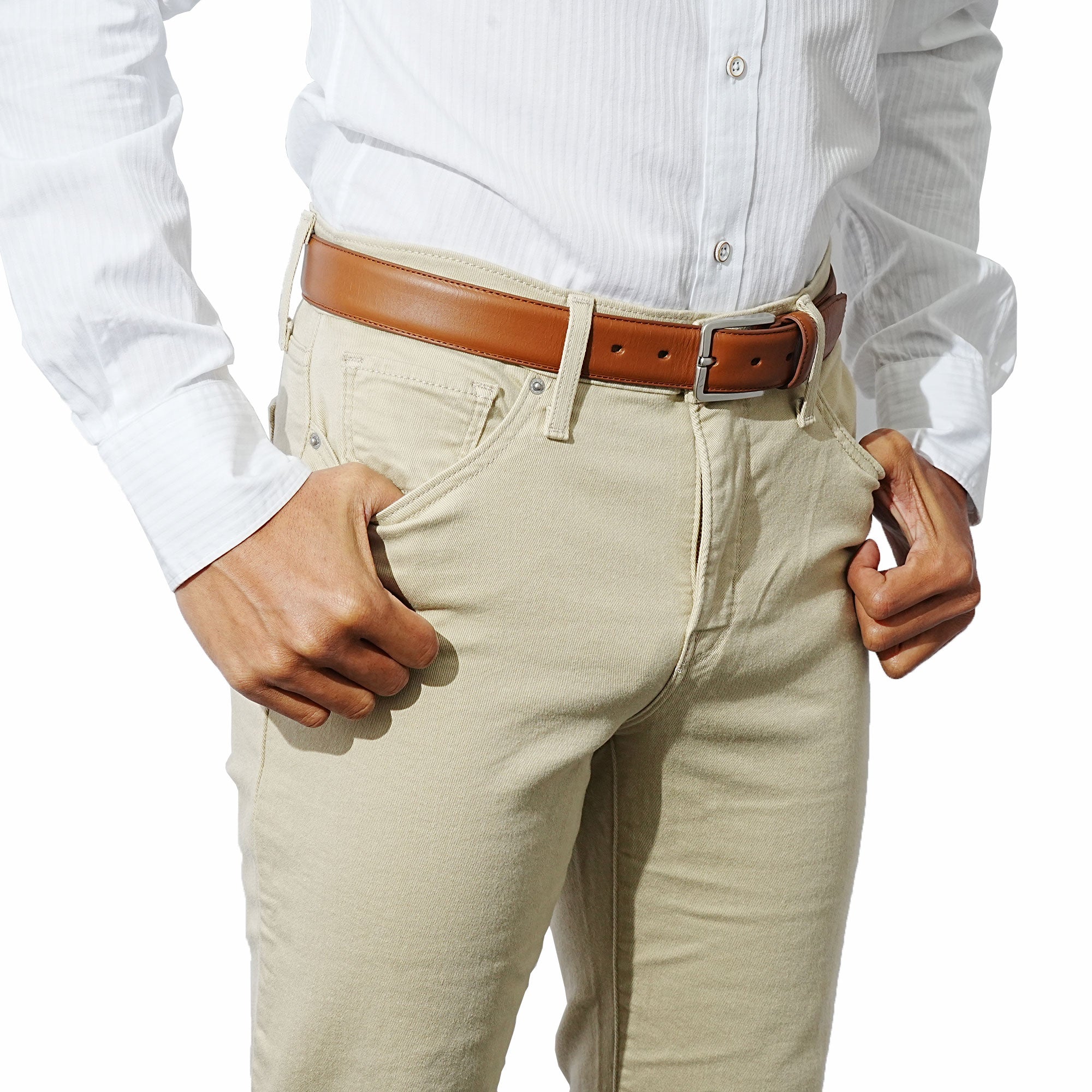 Premium tan leather belt for men. A must-have accessory for jeans, chinos or dress pants.