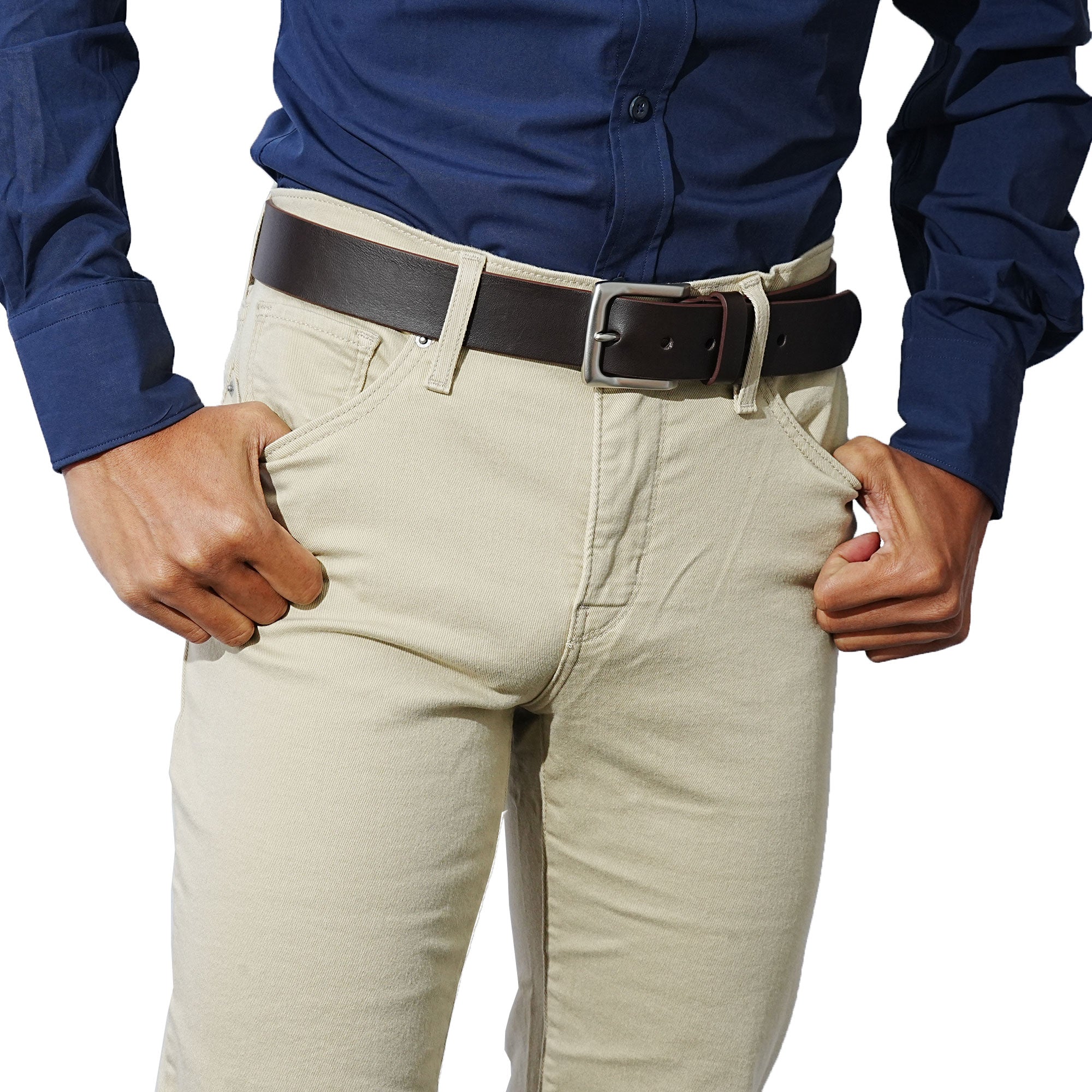 Men’s brown leather belts with solid buckles. Wear with denim, chinos, or smart casual.