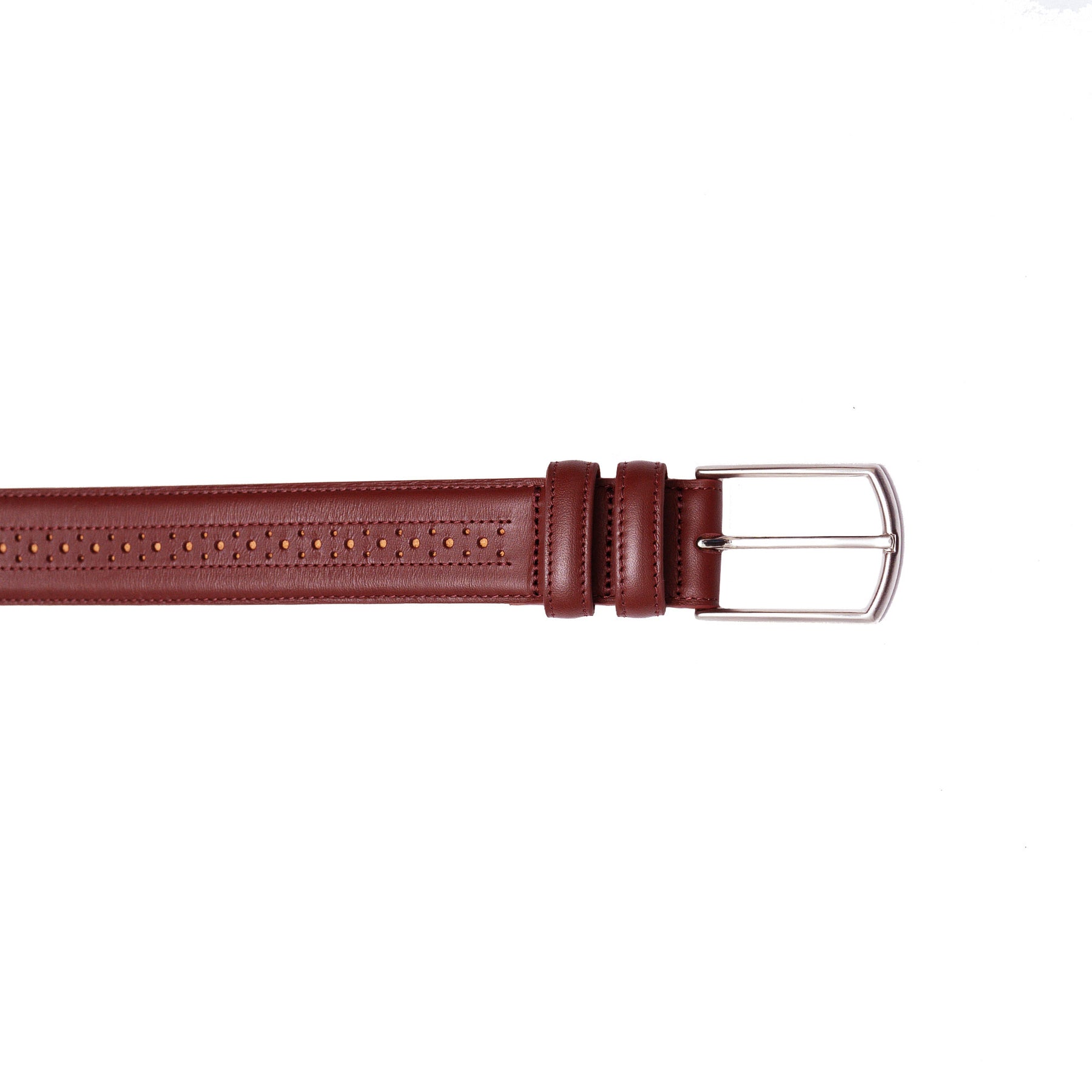 Brogue belt in burgundy. Solid leather for weddings, office, or date nights.