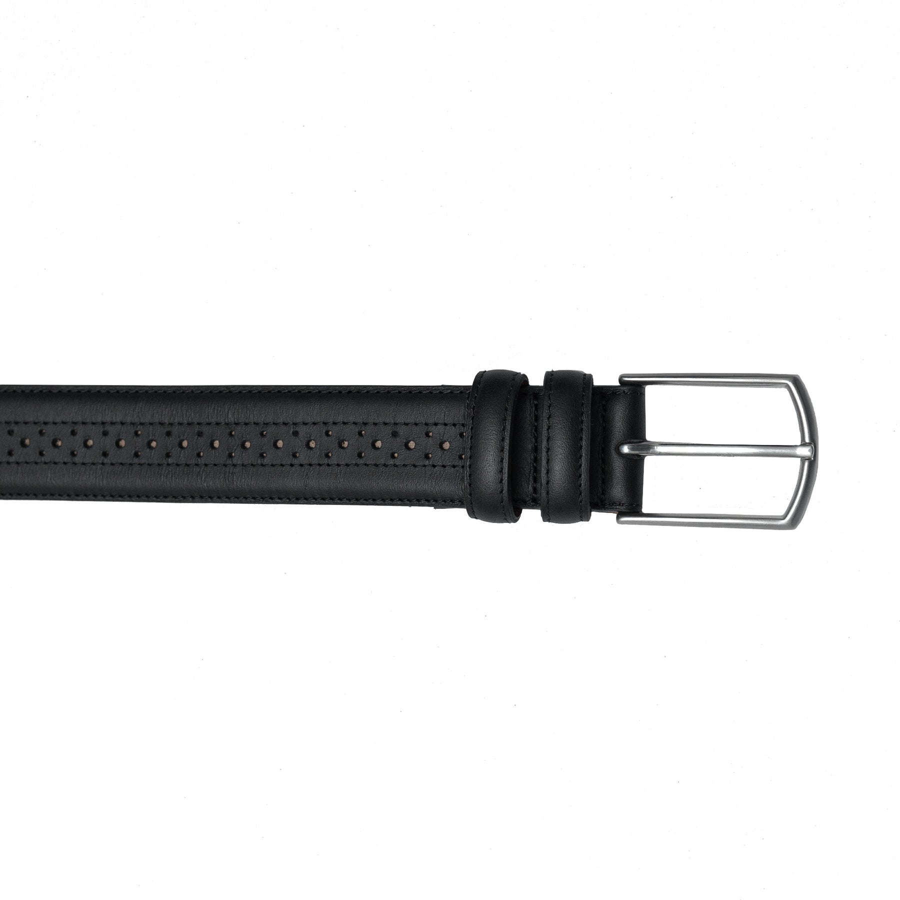 real leather belts with brogue perforations and metal buckles