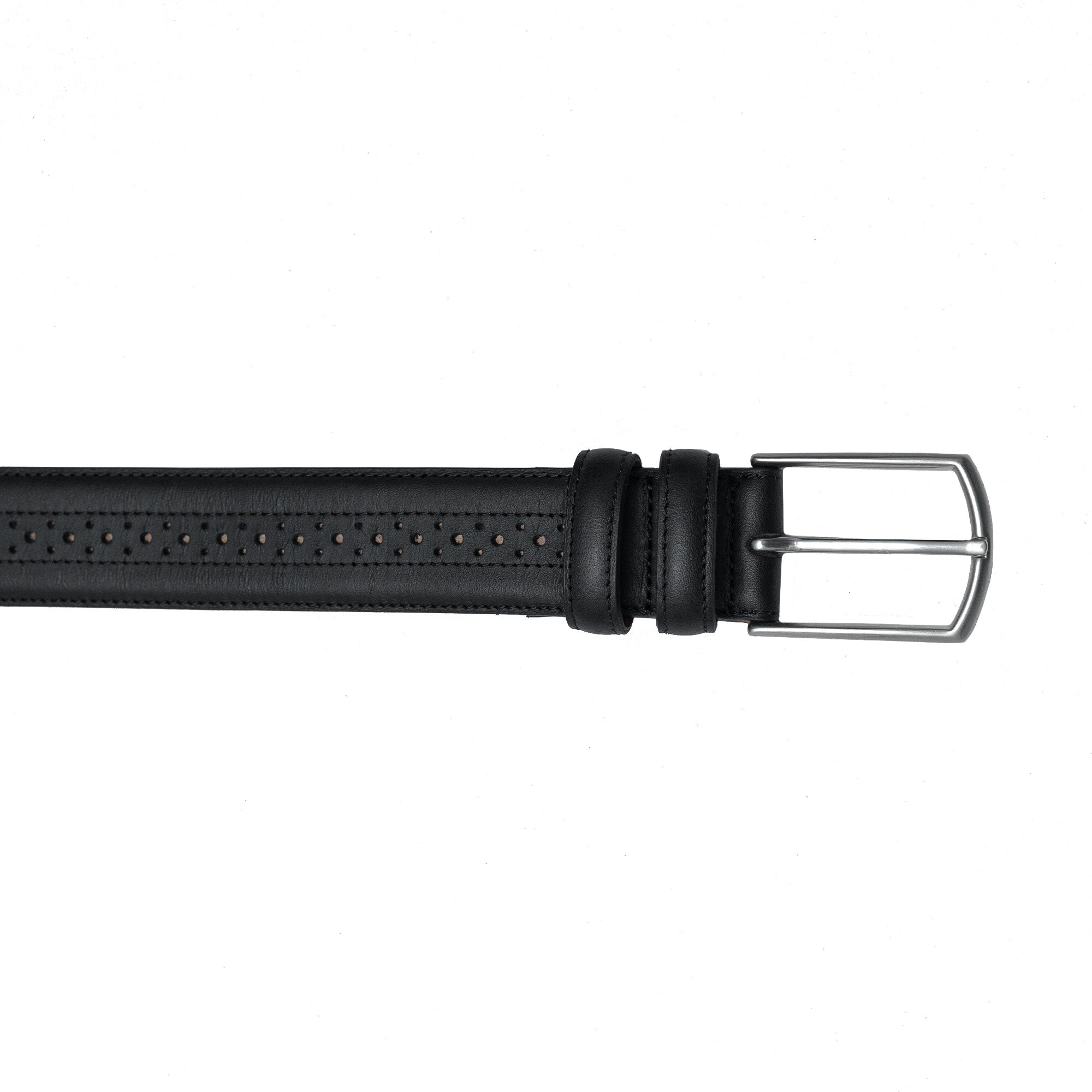 real leather belts with brogue perforations and metal buckles