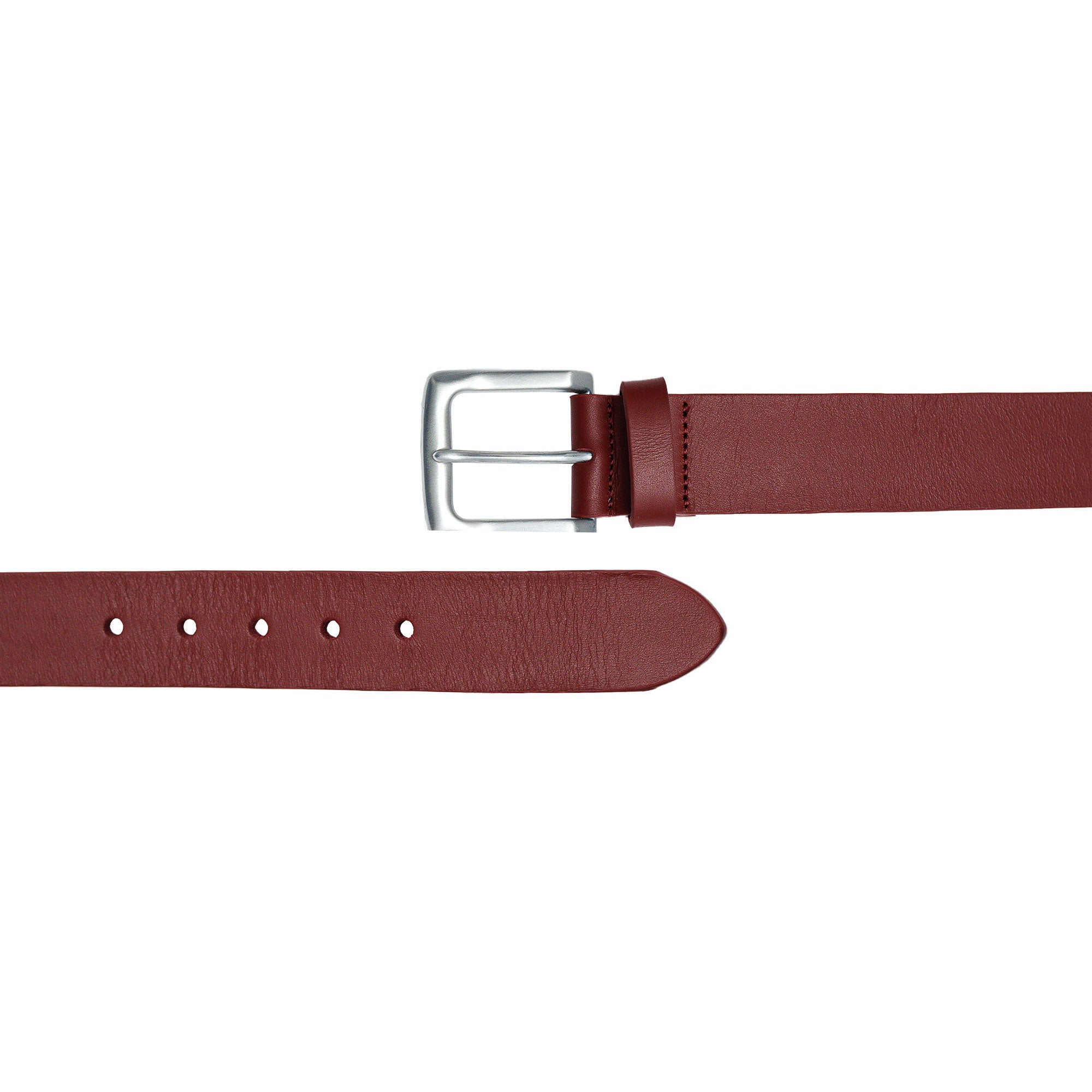 A stunning men's burgundy leather belt. A handsome touch for your chinos and denim.