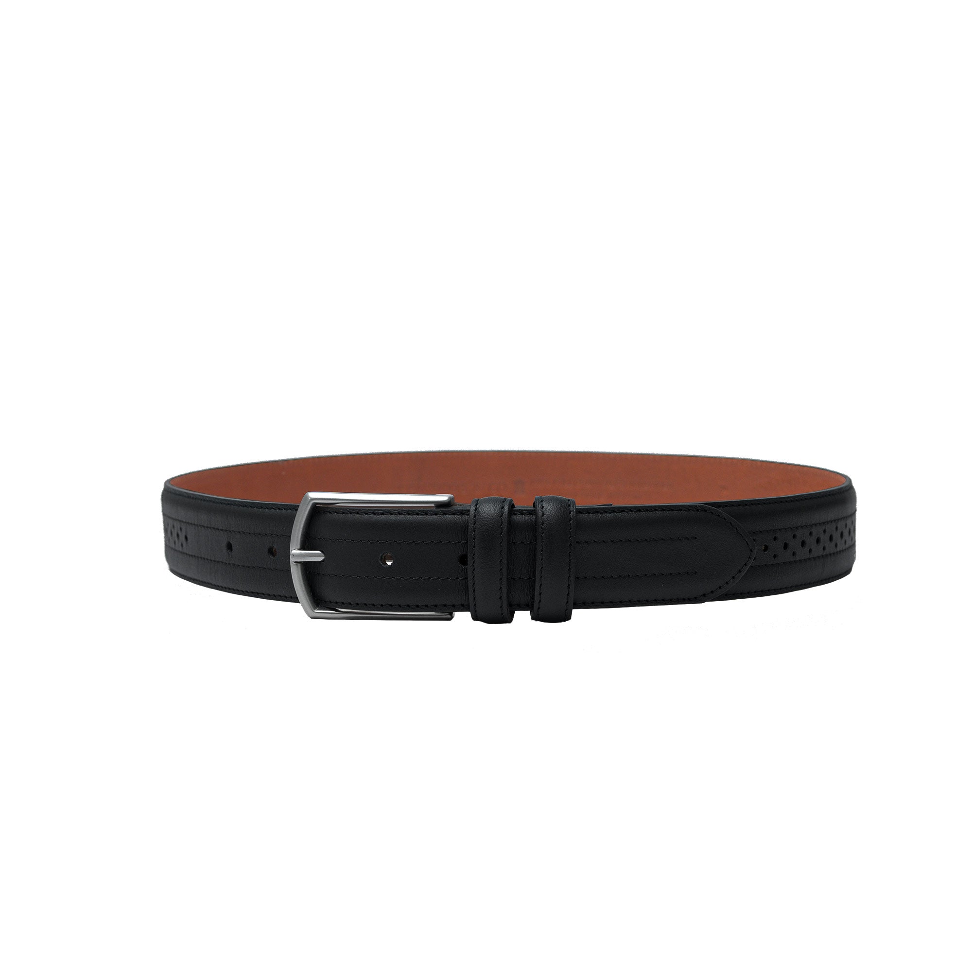 A black leather belt with distinctive perforations. The essential accessory for your suit or jeans.