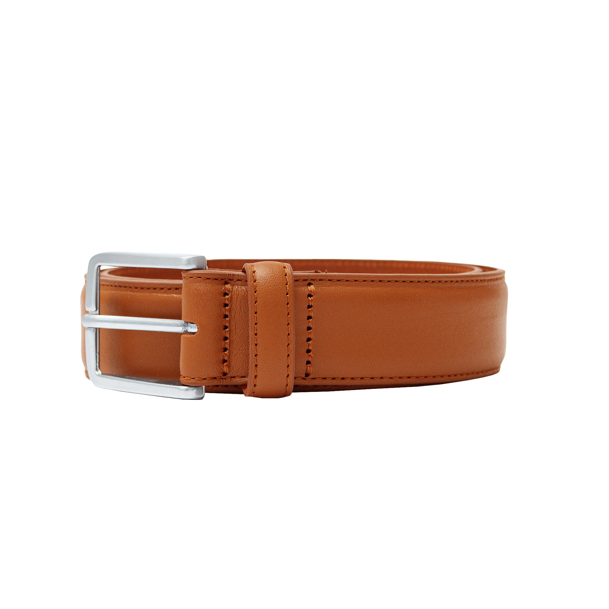 Versatile tan leather belt for men. Full-grain calfskin for chinos or jeans. Get yours today!