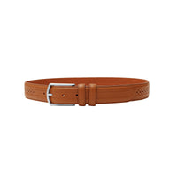 Tan belt with buckle and brogue accents. Pair with oxfords or smart casual looks.