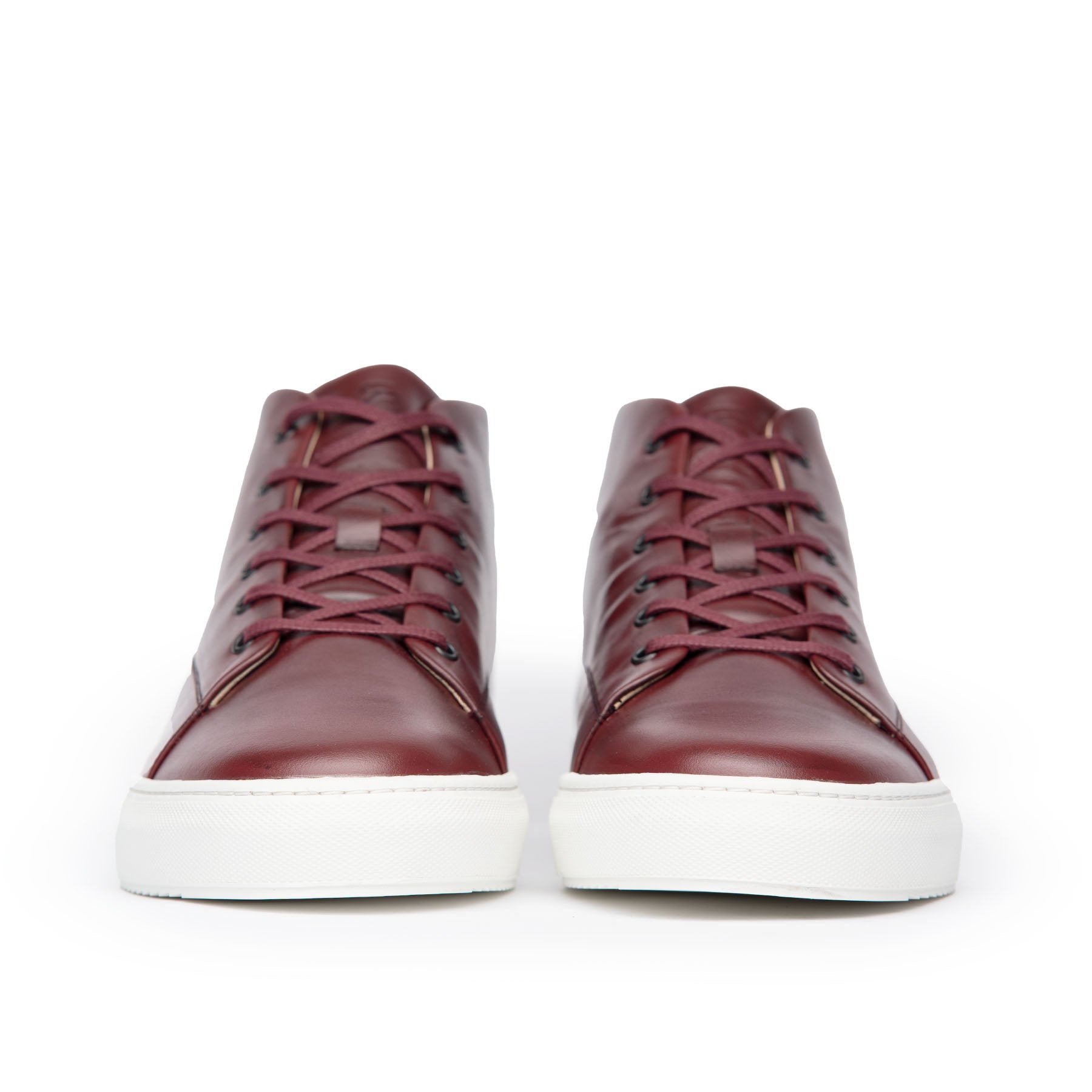 The Explorer high top leather sneakers in burgundy, designed and crafted with footbed with antimicrobial foam and brace eyelets