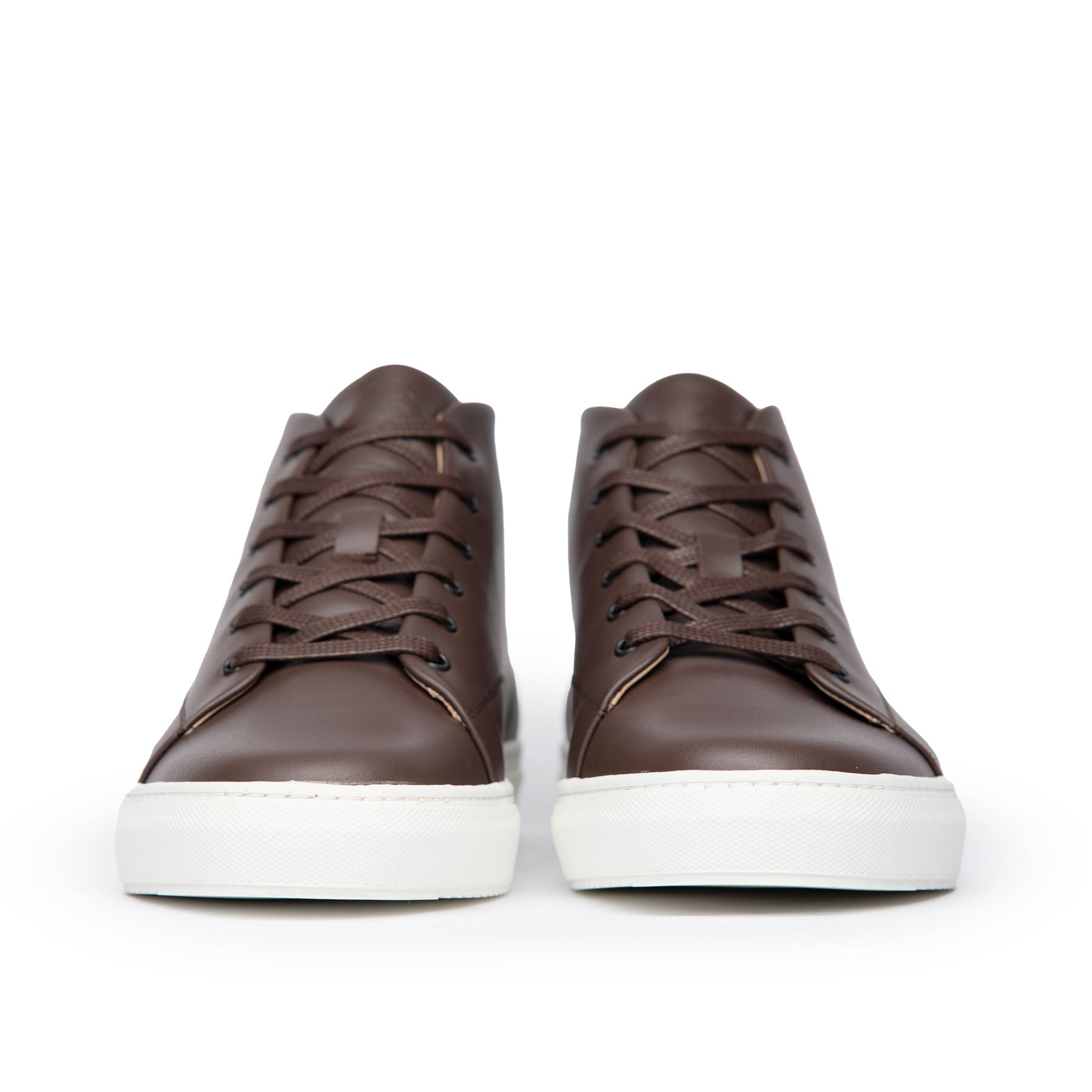 Dark brown leather high top leather sneakers, the Explorer featuring open lacing system and round toe