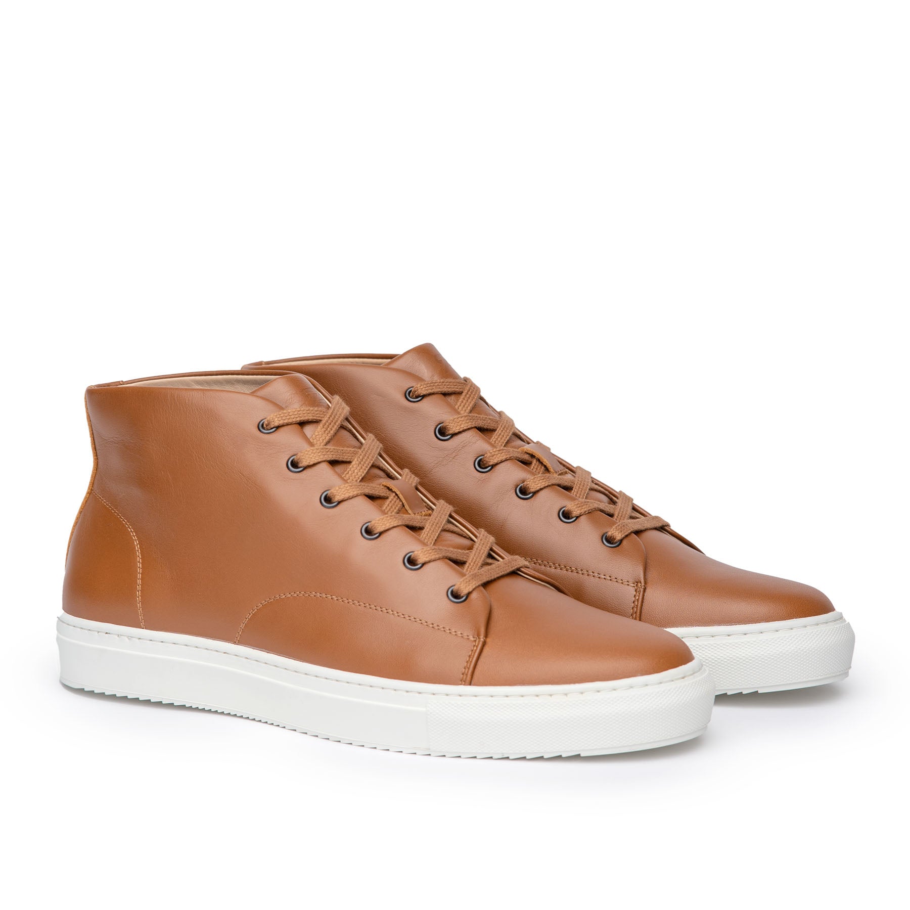 The Explorer high top leather sneakers for men in tan, made from full grain calfskin leather and side stitched construction.