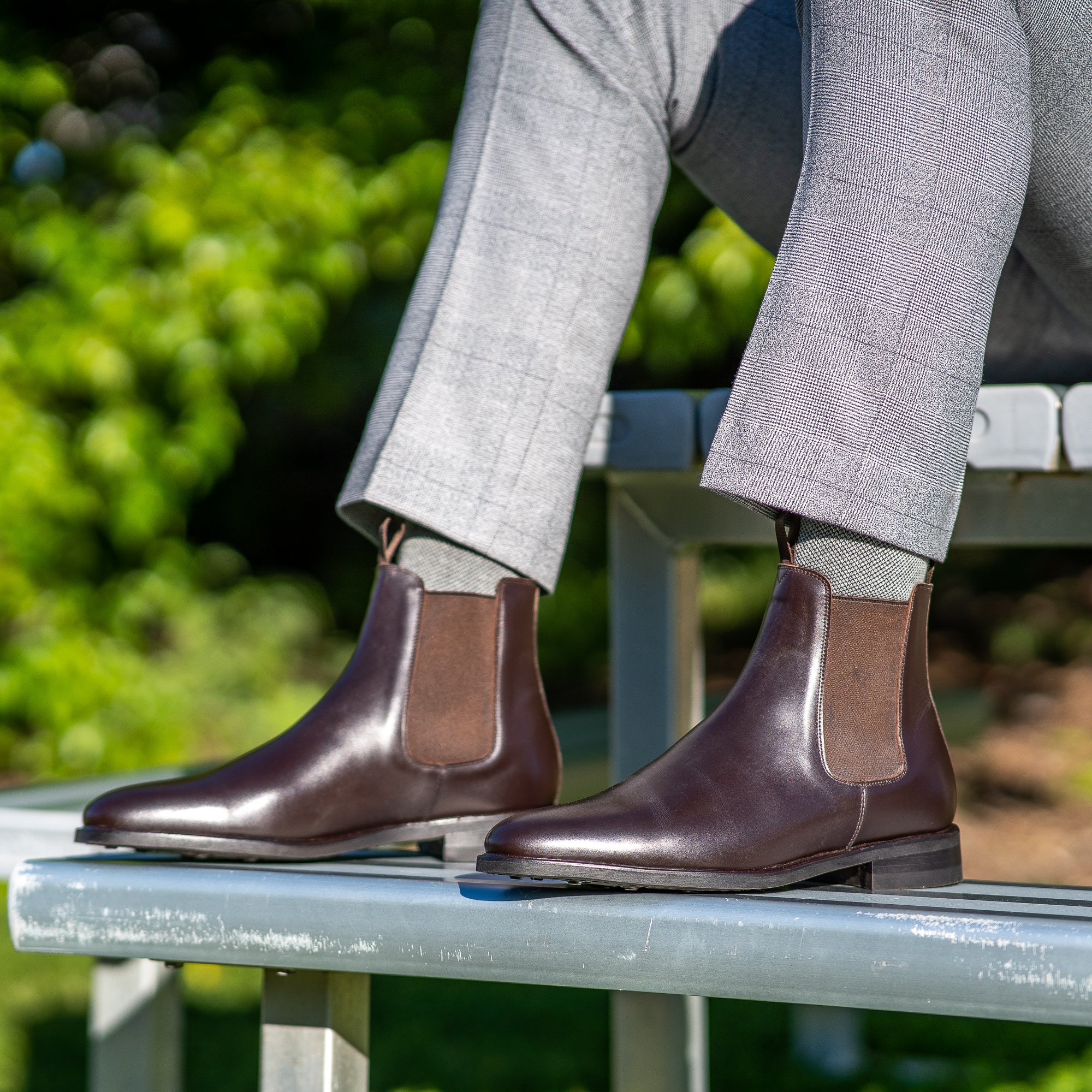 Handcrafted wholecut Chelsea boot in espresso matched with 100% cotton socks and bespoke tailored suit