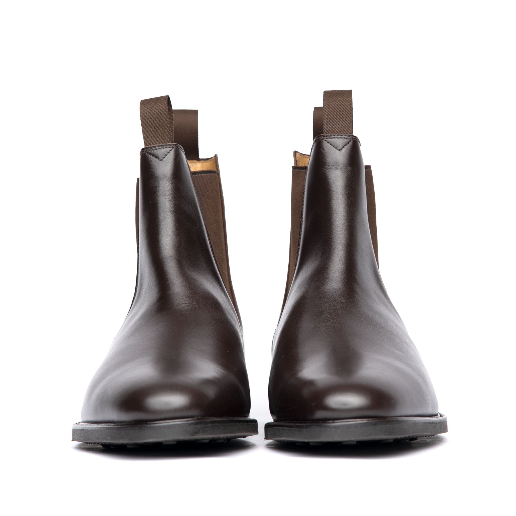 The Safari handmade men’s Chelsea boot in smooth dark brown leather, laceless with beautiful patina at the toe cap