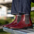 Levis straight jeans paired with the Safari all season Chelsea leather boot in burgundy with light blue 100% cotton socks