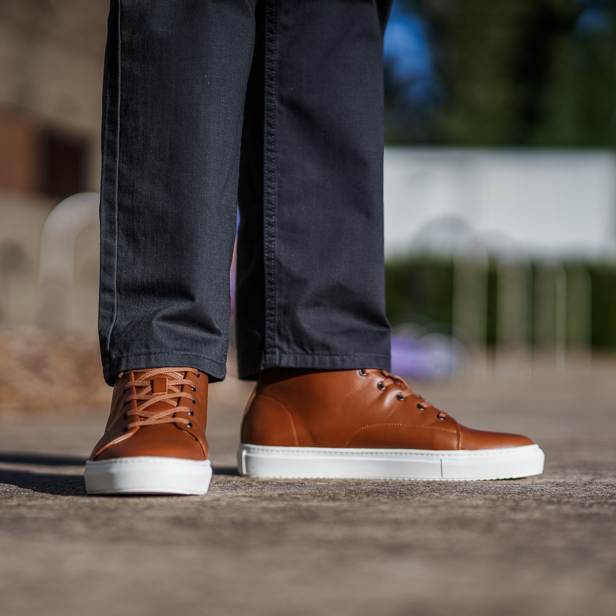 The Explorer hi-top leather trainers in tan, super comfortable and paired 100% cotton khaki and patterned casual shirts