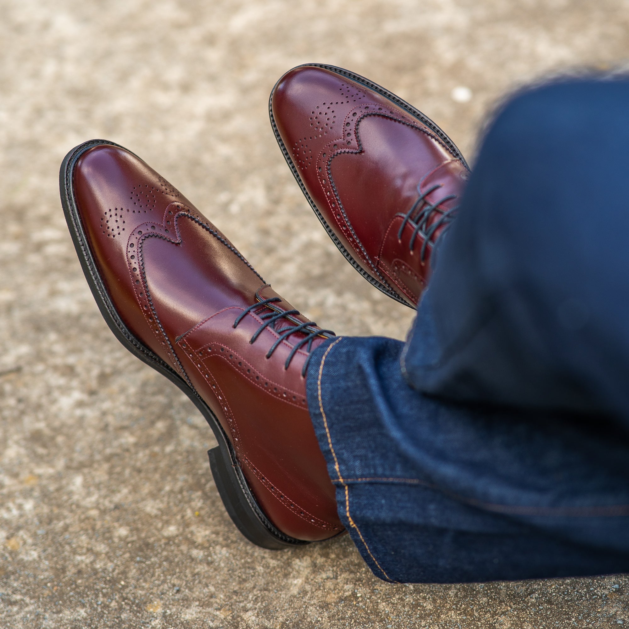 The Outback brogue lace up boot in burgundy with front lace up fastening, almond toe and studded rubber sole for durability