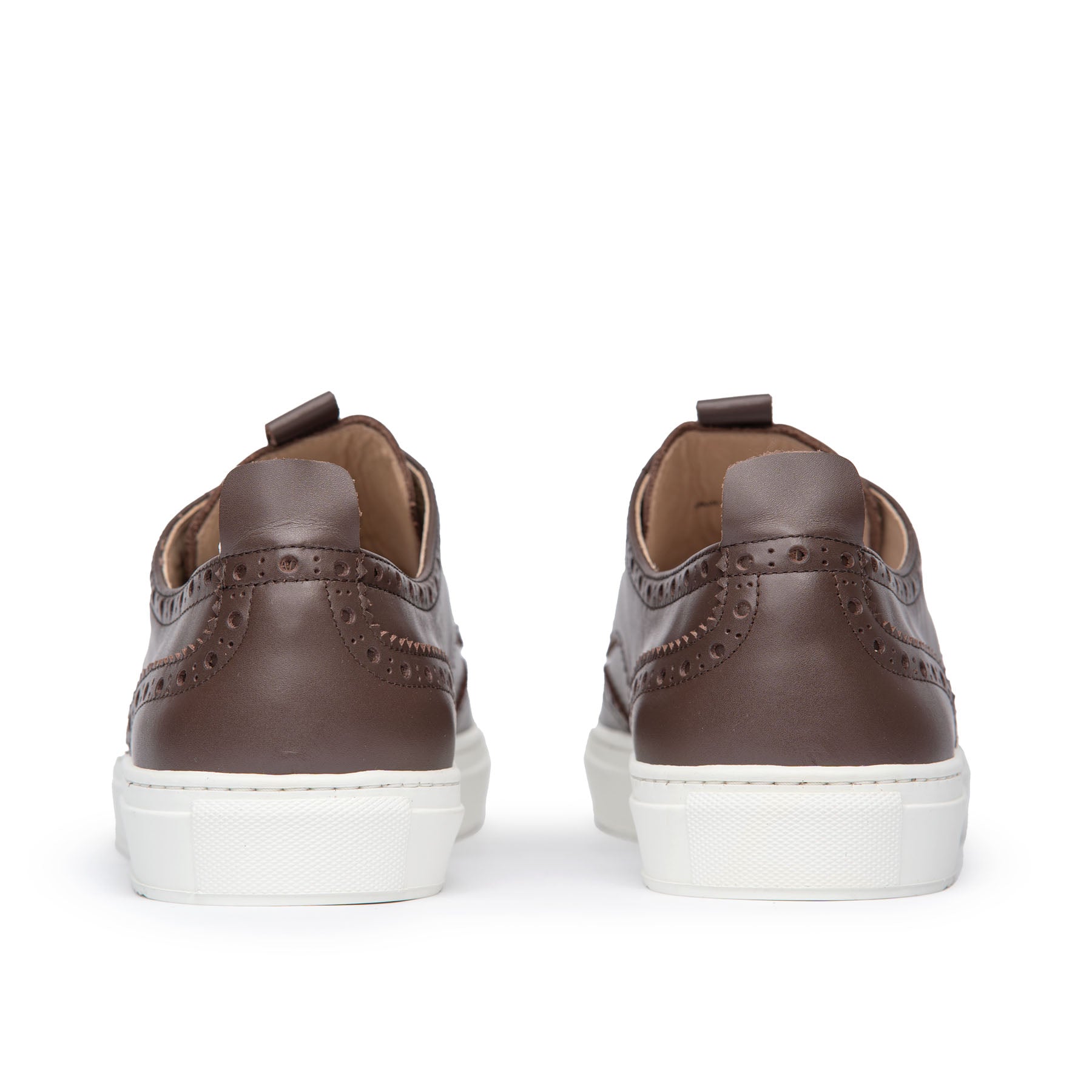 Men’s low top wingtip sneakers, the Alpha in dark brown with leather pull tab 