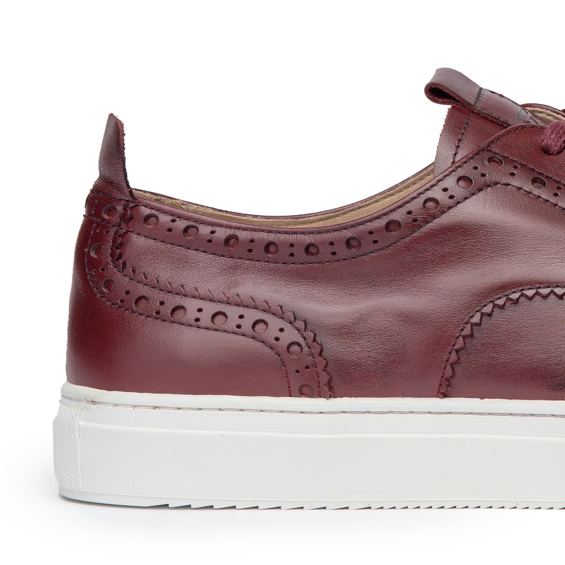 Men’s low top brogue sneakers, The Alpha in burgundy with 100% rubber sole