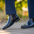 Smart ankle chino in blue paired with the Safari leather Chelsea boot in black with leather welt and elastic side panel