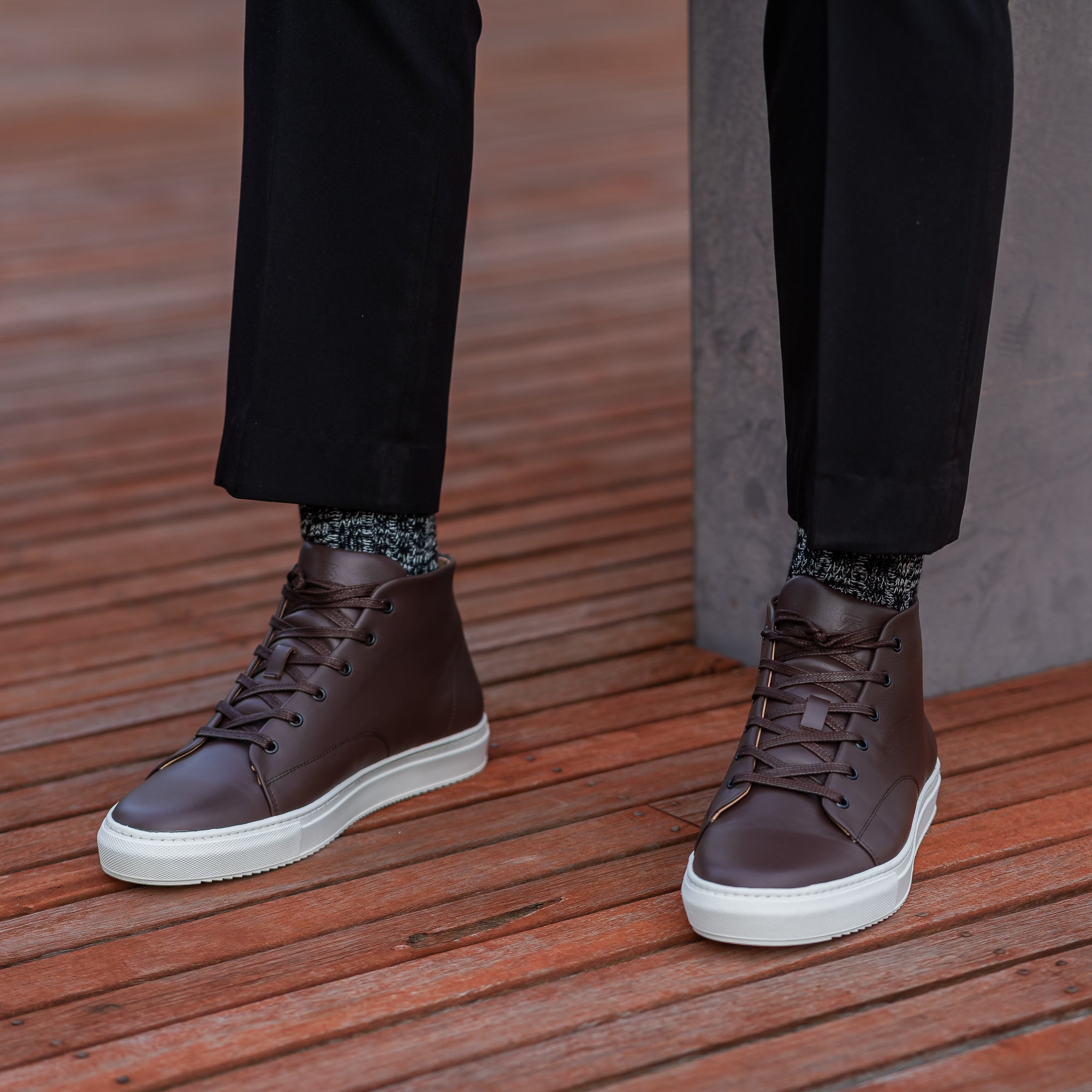 The Explorer luxurious hi-top sneakers for men, perfectly styled with smart casual t-shirts and black jeans