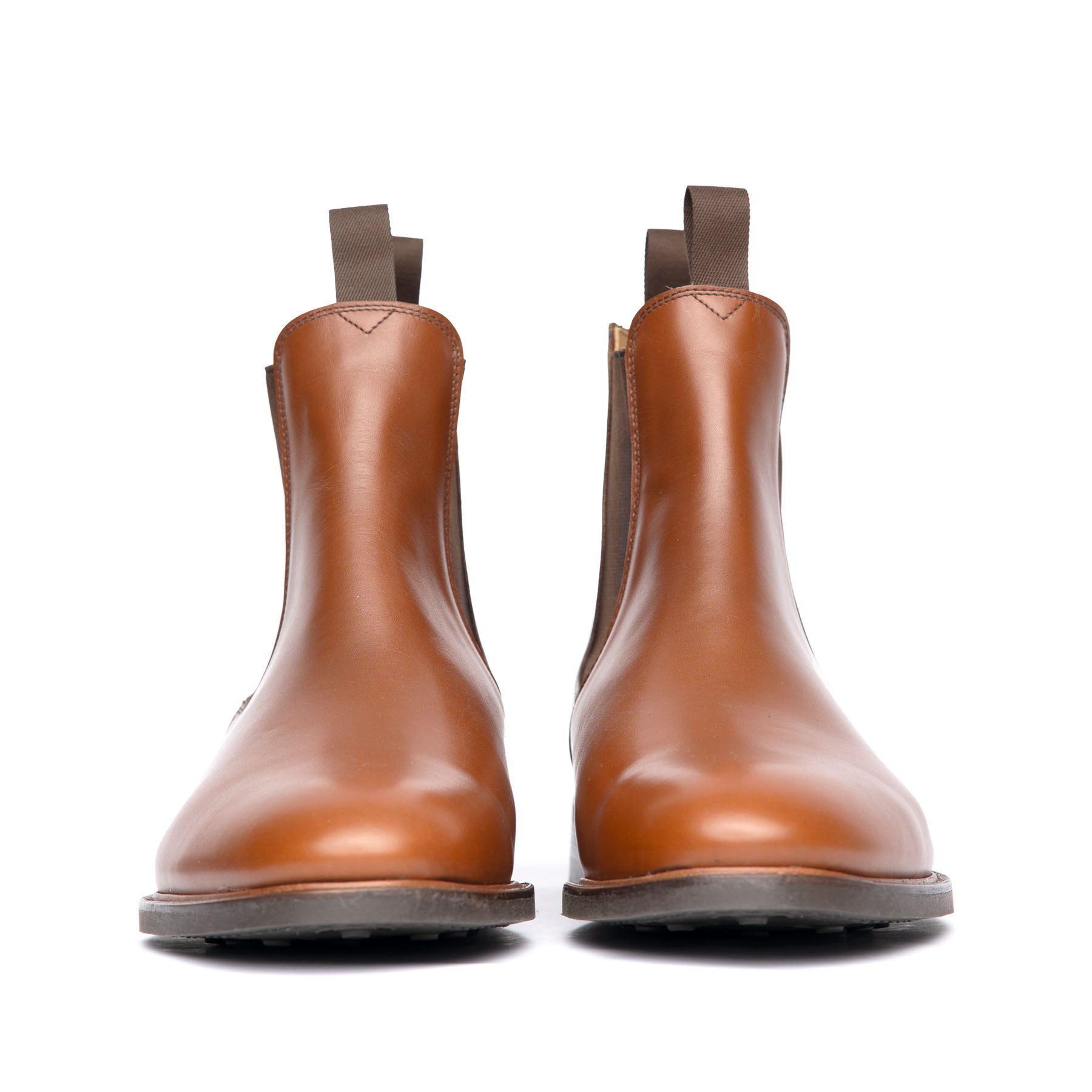 The Safari plain toe Chelsea boot in tan with double pull tabs, solid leather welt and beautiful patina at the toe cap