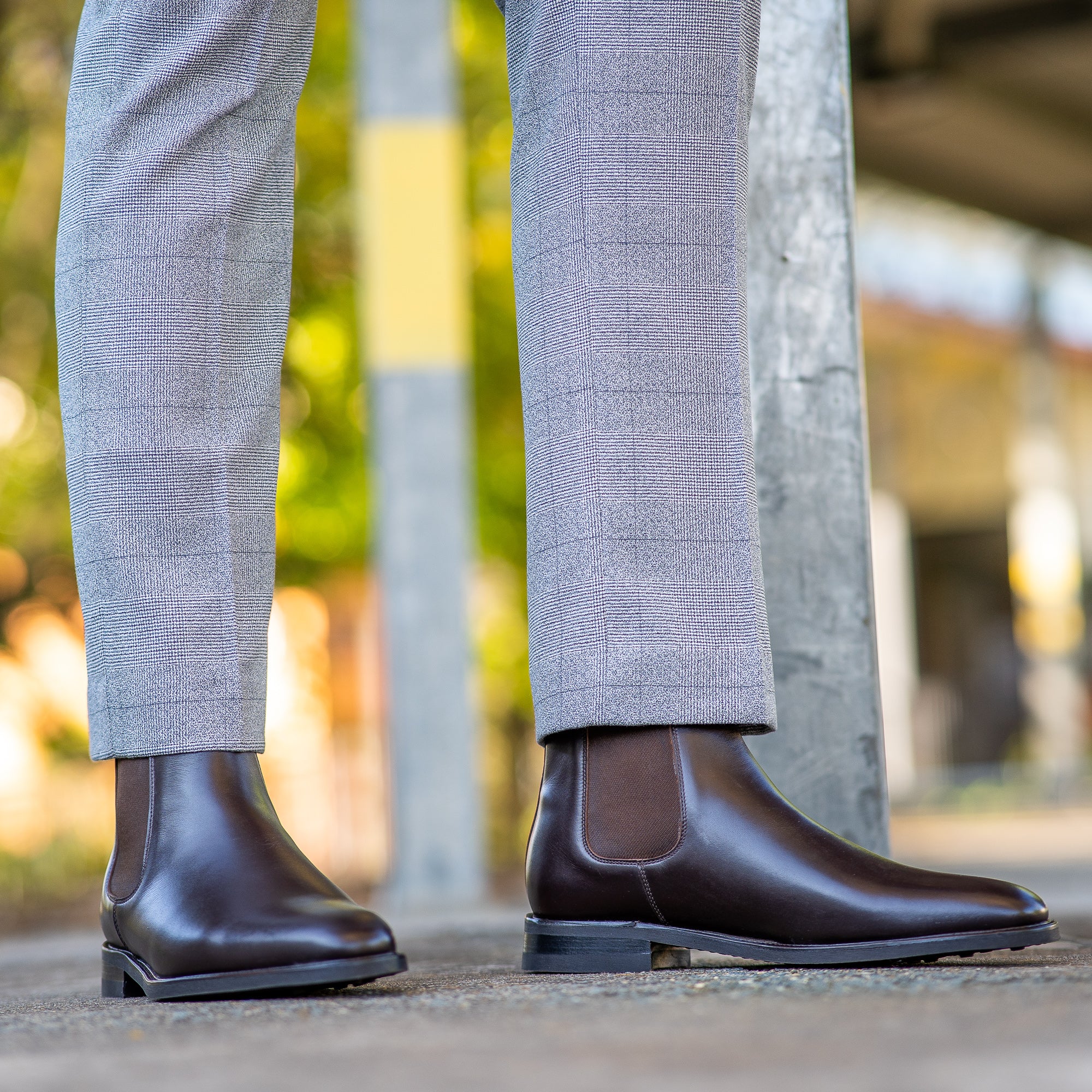 Smart ankle dress pant in grey paired with the Safari brown leather Chelsea gusset boot.