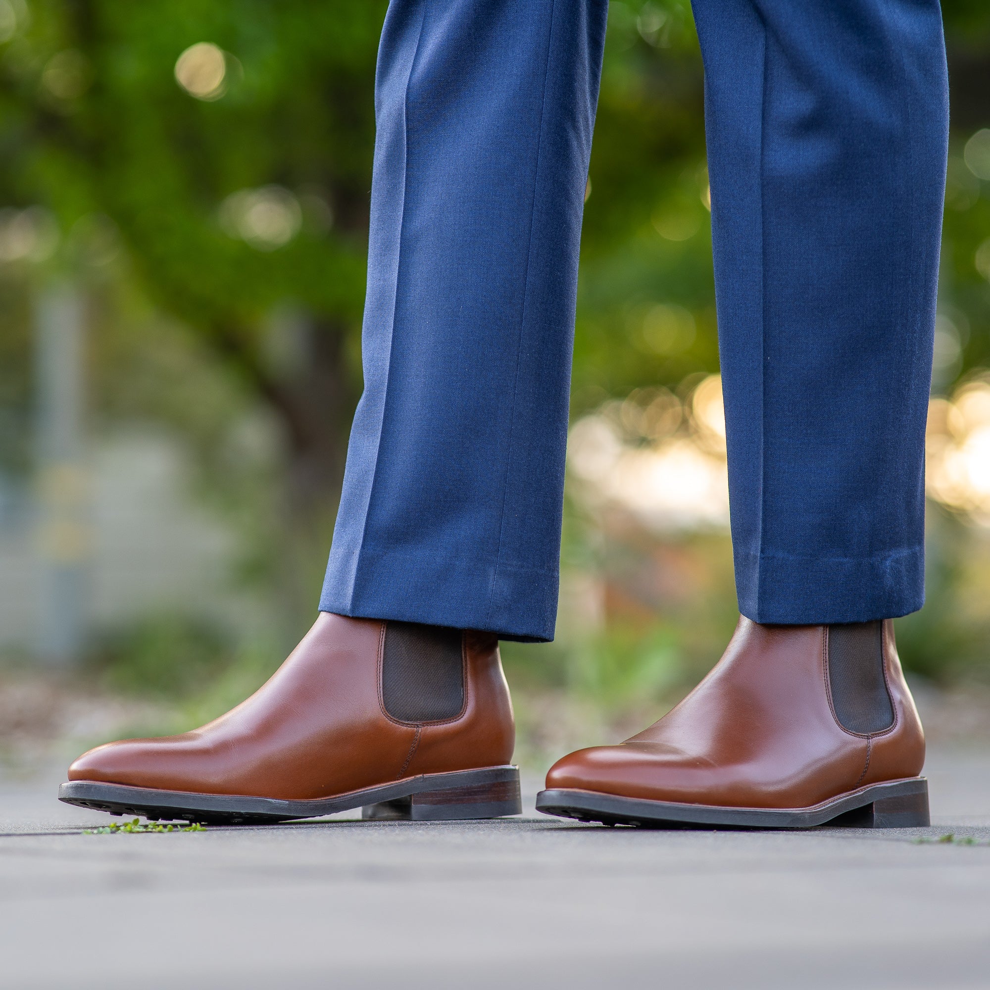 Slim fit blazer suit jacket in navy paired with the Safari tan chelsea boots mens