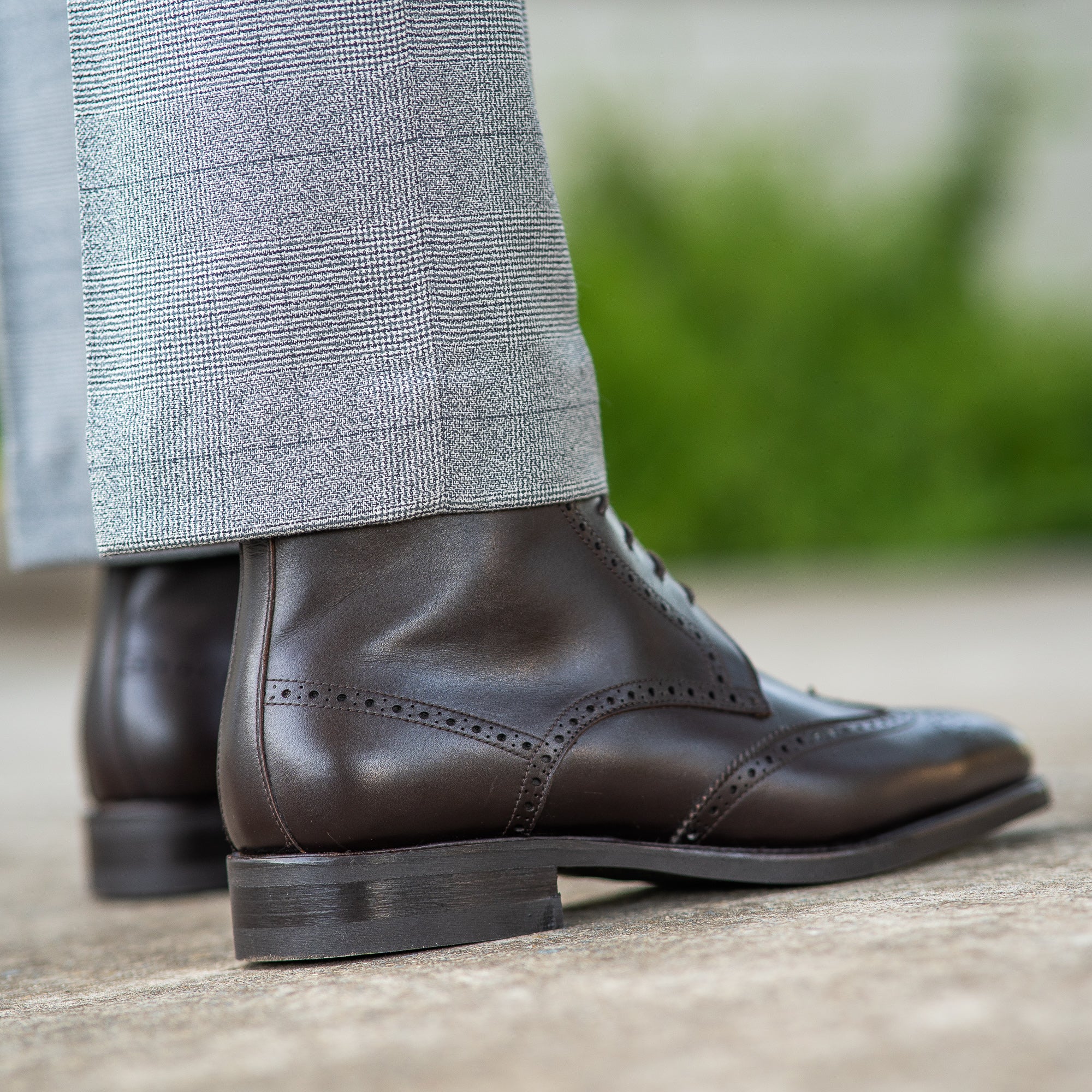 Luxurious mushroom corduroy jacket paired with the Outback full brogue lace up leather boot in dark brown