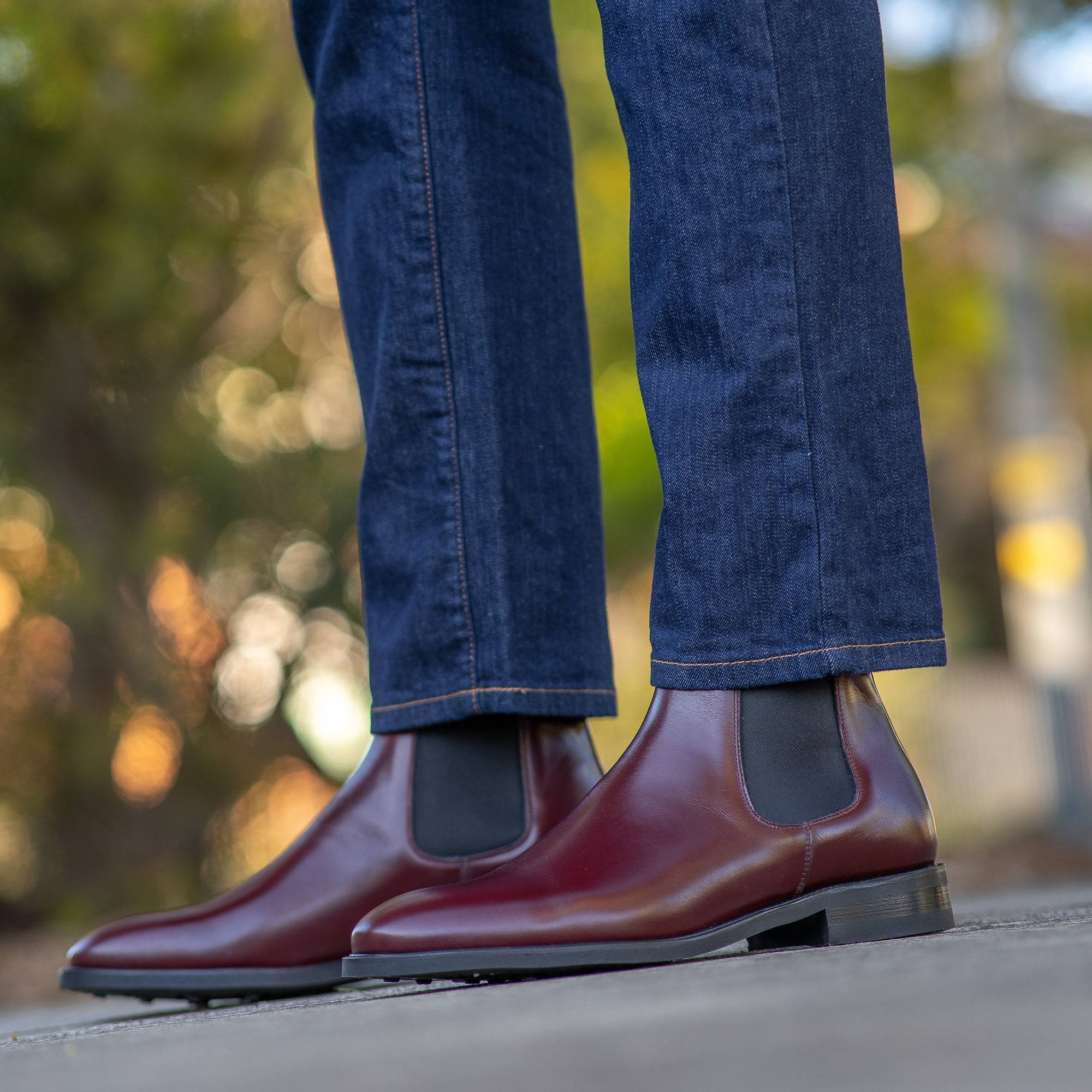 The Safari Chelsea leather boot in burgundy paired with Levis straight cut jeans for smart style