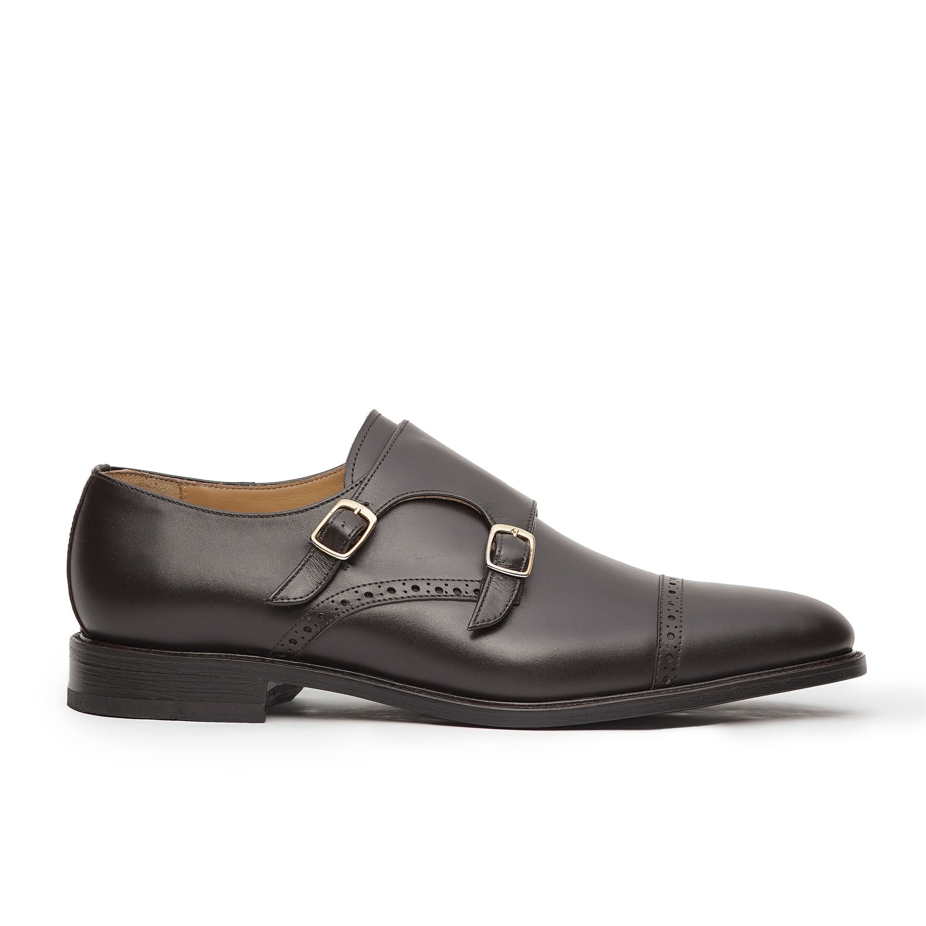 Mens monk strap shoes brown with decorated perforation on the cap toe and leather sole