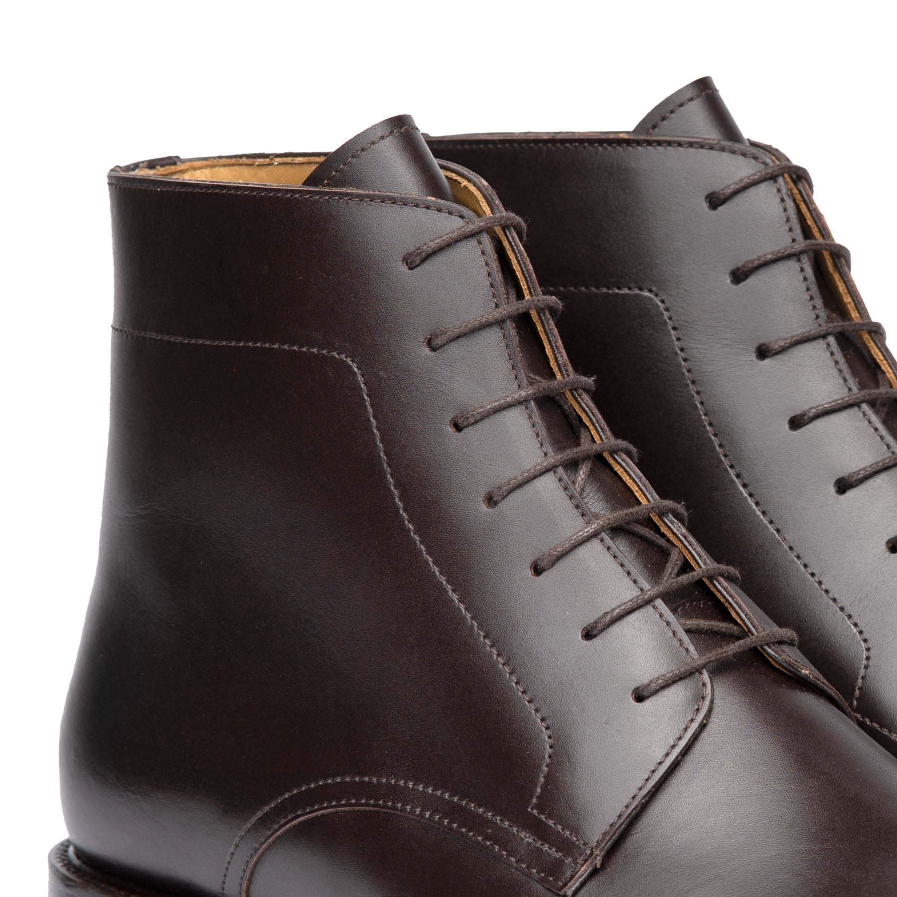 Mens brown leather dress boots made from full grain calfskin leather, blind eyelets and minimalist design