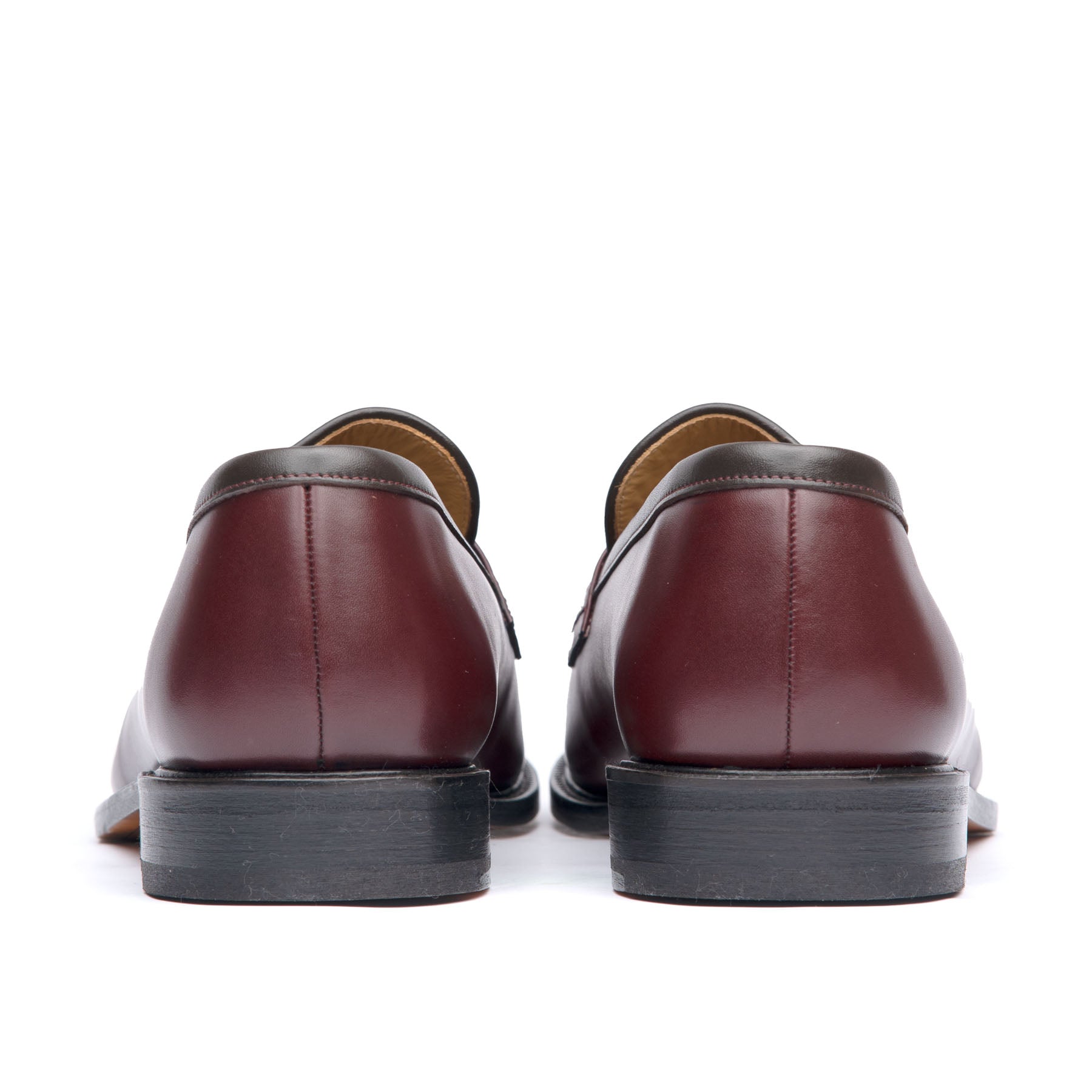 Men's burgundy loafers with stacked leather heel and rubber injection for traction