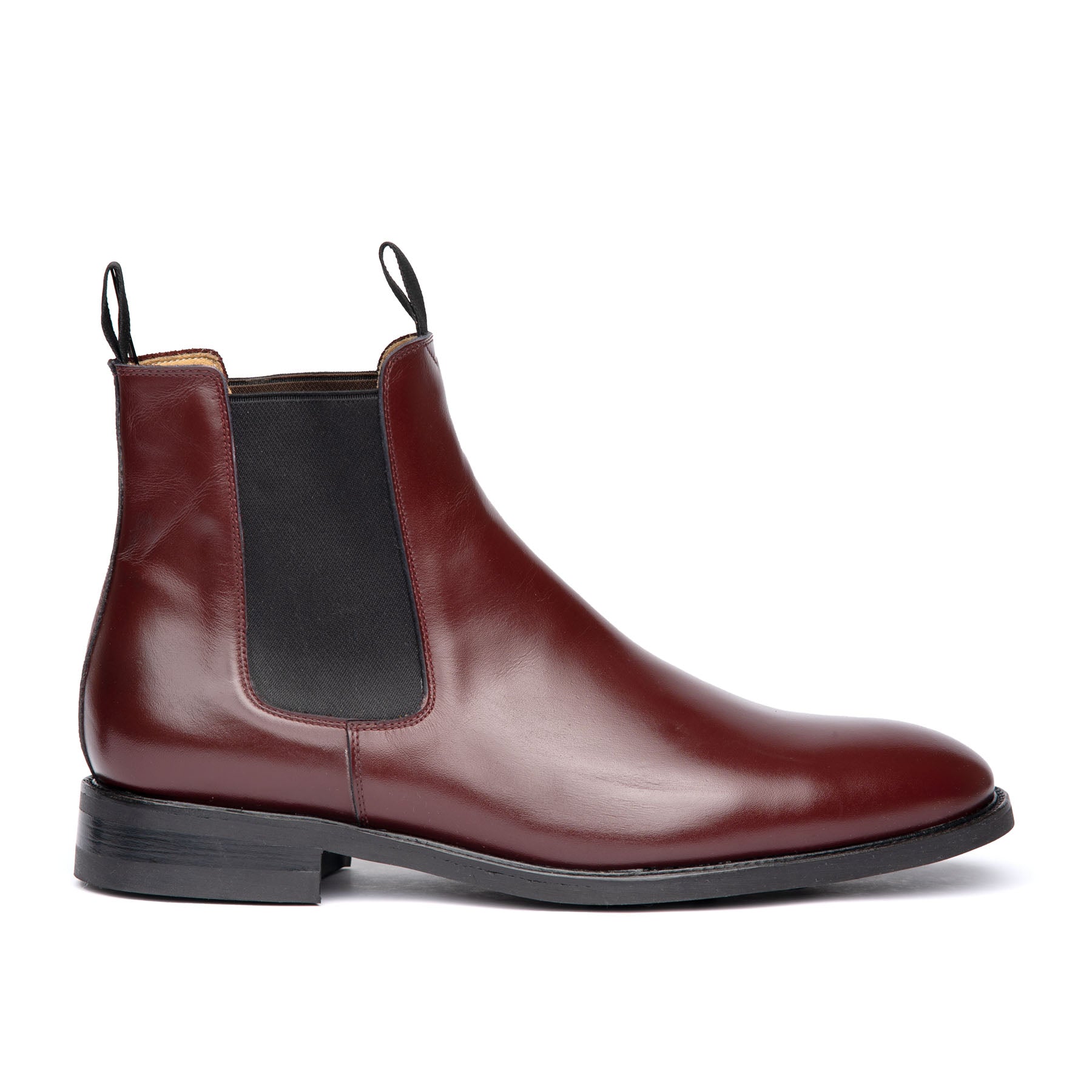 Mens burgundy chelsea boots crafted handcrafted from Italian leather with elastic side panel and double pull tug