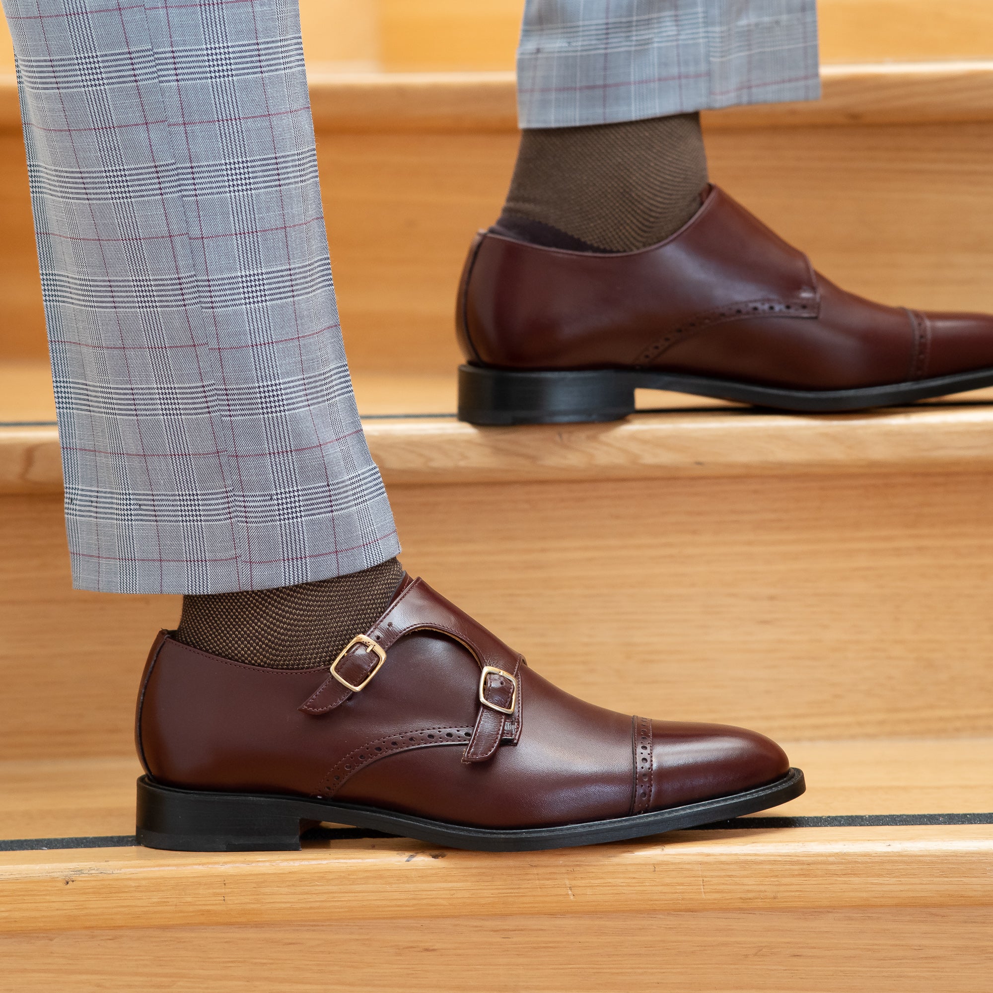 Mens dress buckle shoes in burgundy paired with bespoke suit and ideal all formal occasion