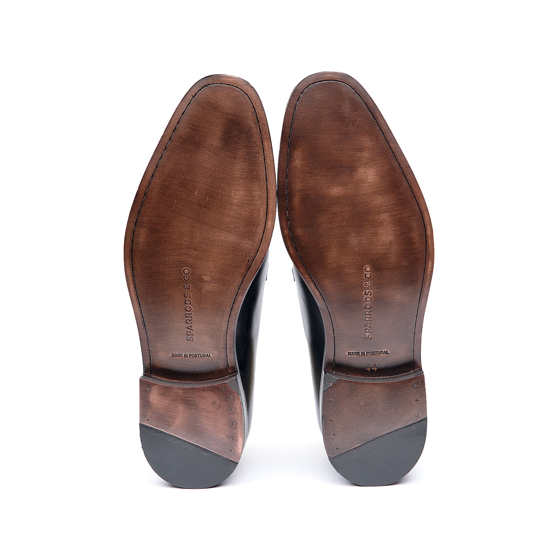 Mens leather penny loafers with single open channel oak bark leather sole