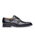 Black double monk strap shoes with quarter brogue detail across the toe cap and 360 leather welt