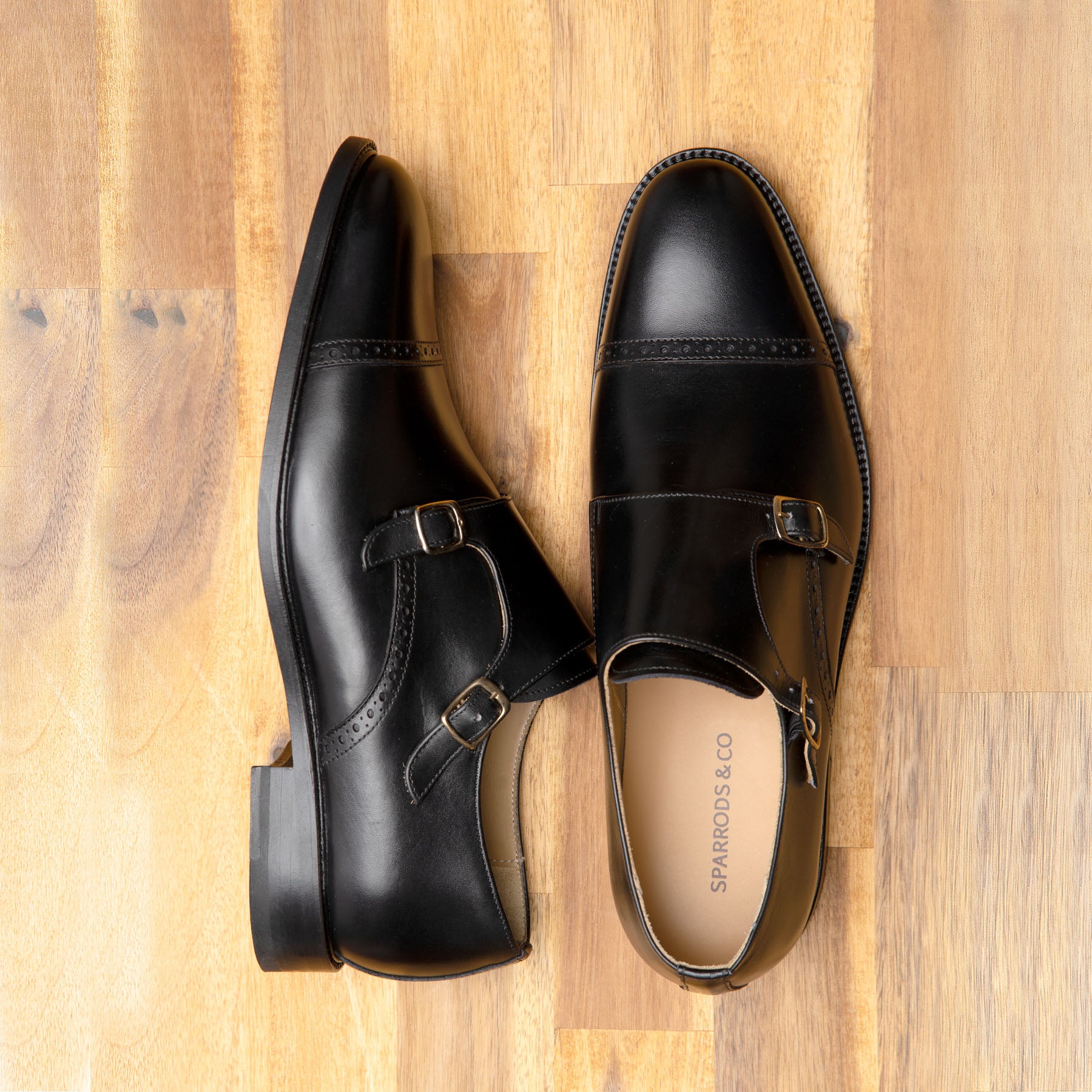 Mens black monk strap shoe made in Portugal using blake rapid stitched construction