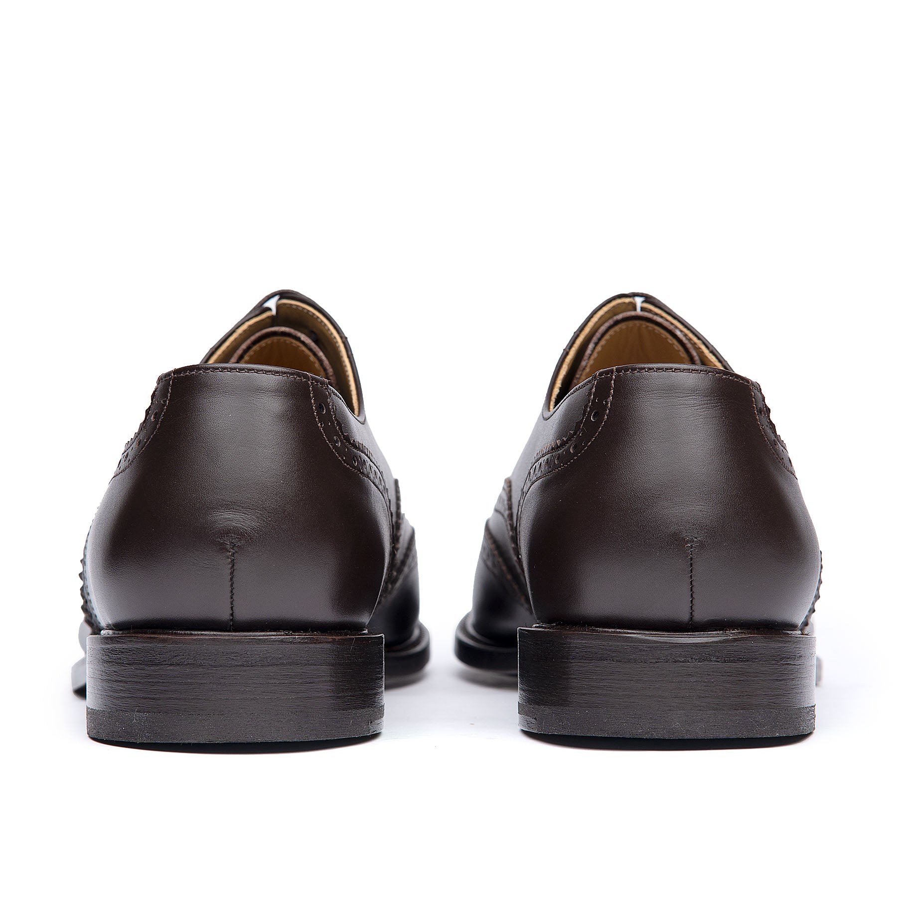 Mens brown brogue shoes with stacked leather heel and rubber injection for traction