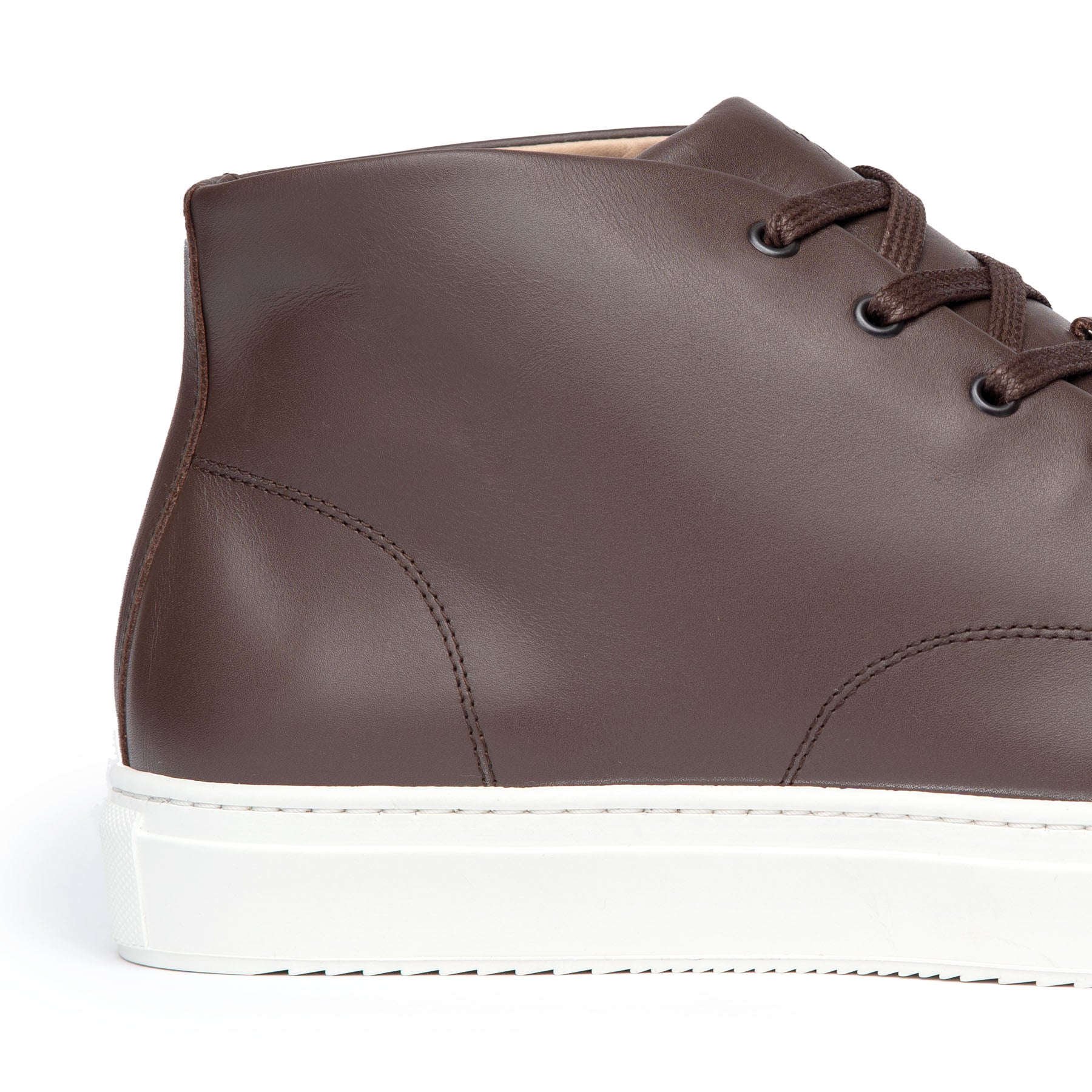 Shop mens brown casual sneakers featuring high top design, full grain calfskin leather upper and rubber sole