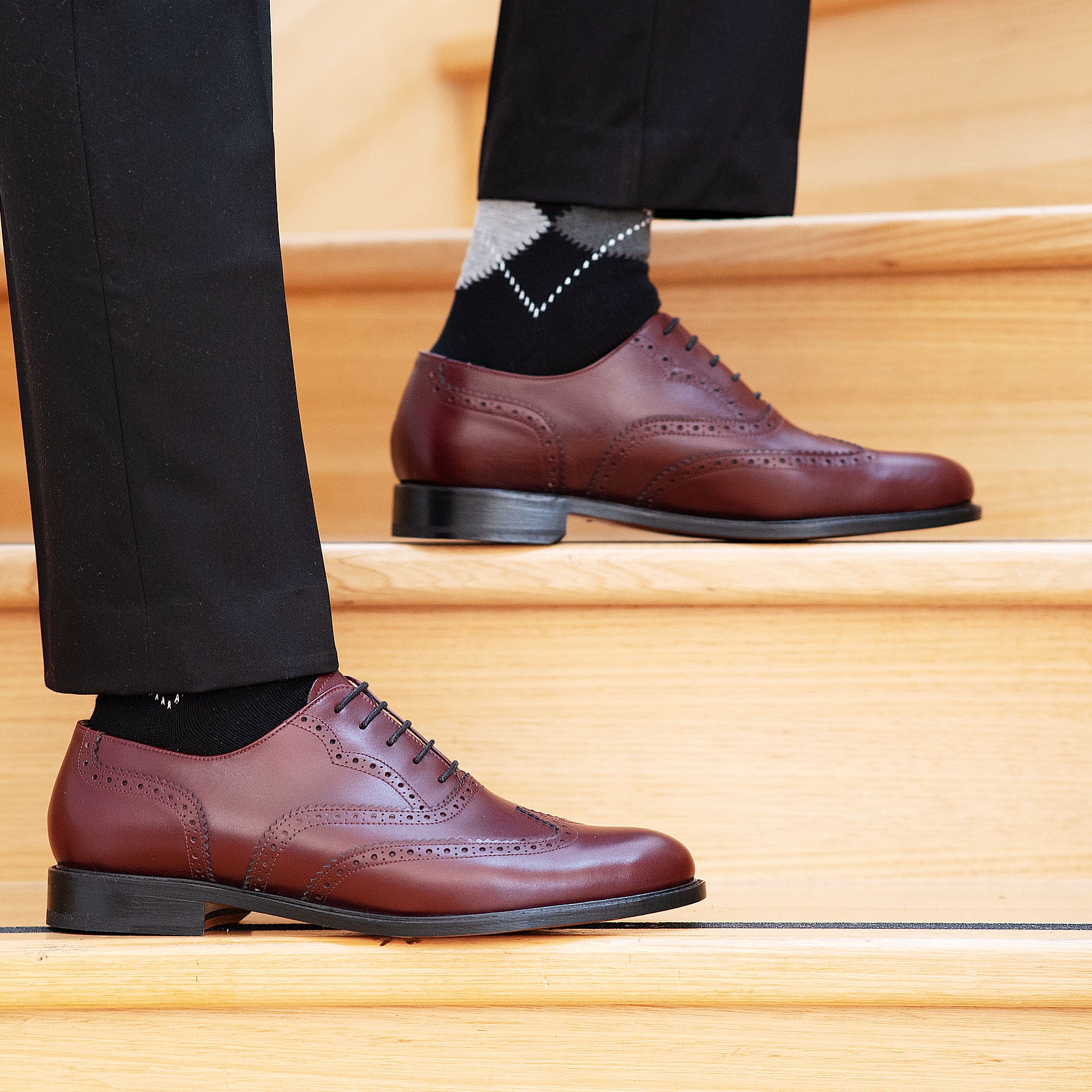 Mens burgundy brogues styled beautifully with chinos and 100% cotton socks