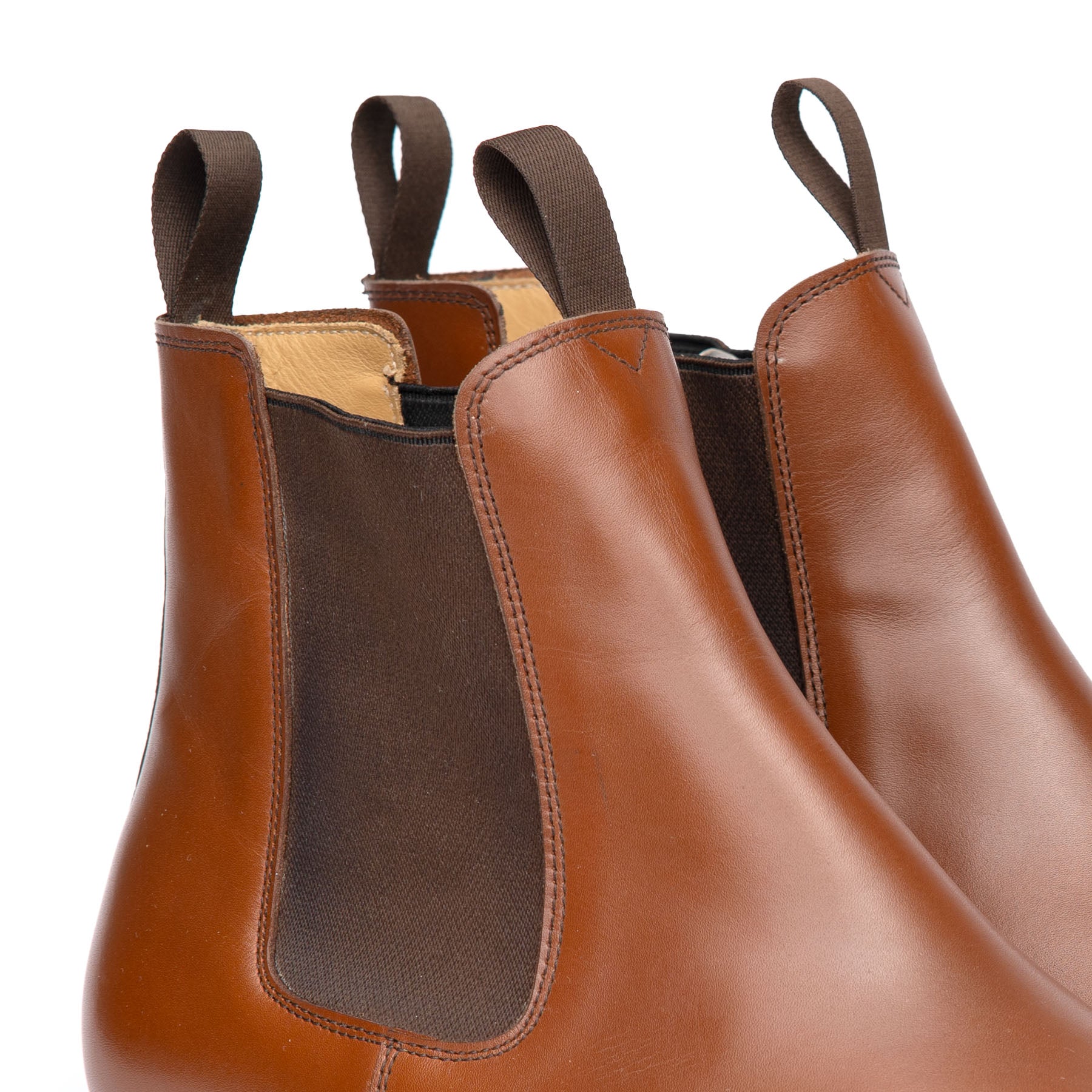 Tan leather chelsea boots featuring elastic side panel, double pull tug and fully lined with soft leather for comfort