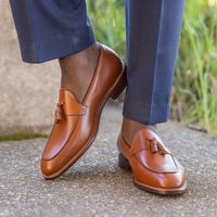 Mens tassel loafer paired with blue merino wool woven trousers