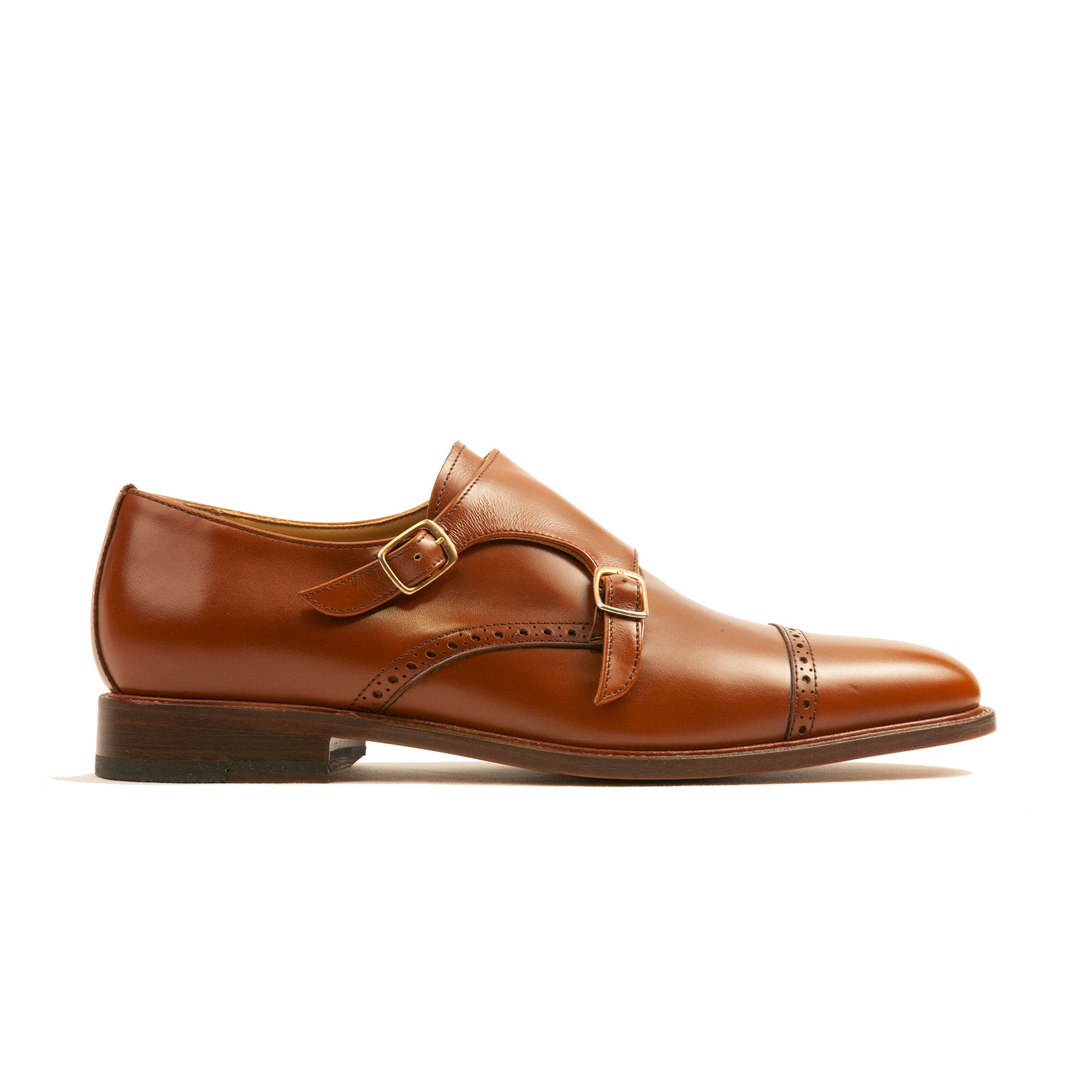 Mens dress shoes with buckle in tan with handmade brogues and leather sole