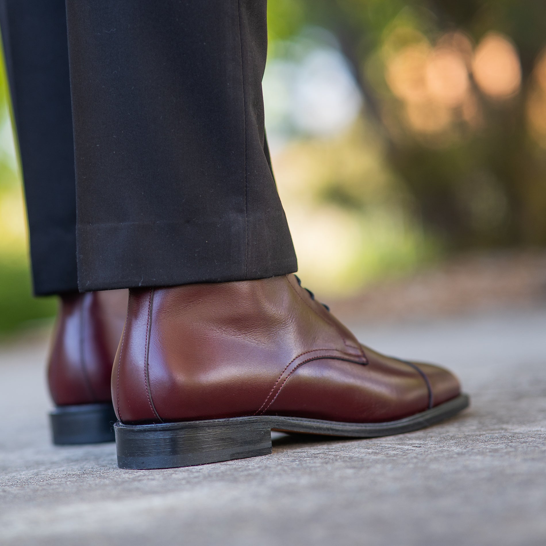 Shop mens boots crafted using full grain leather  and styled with wool jacket for smart casual look